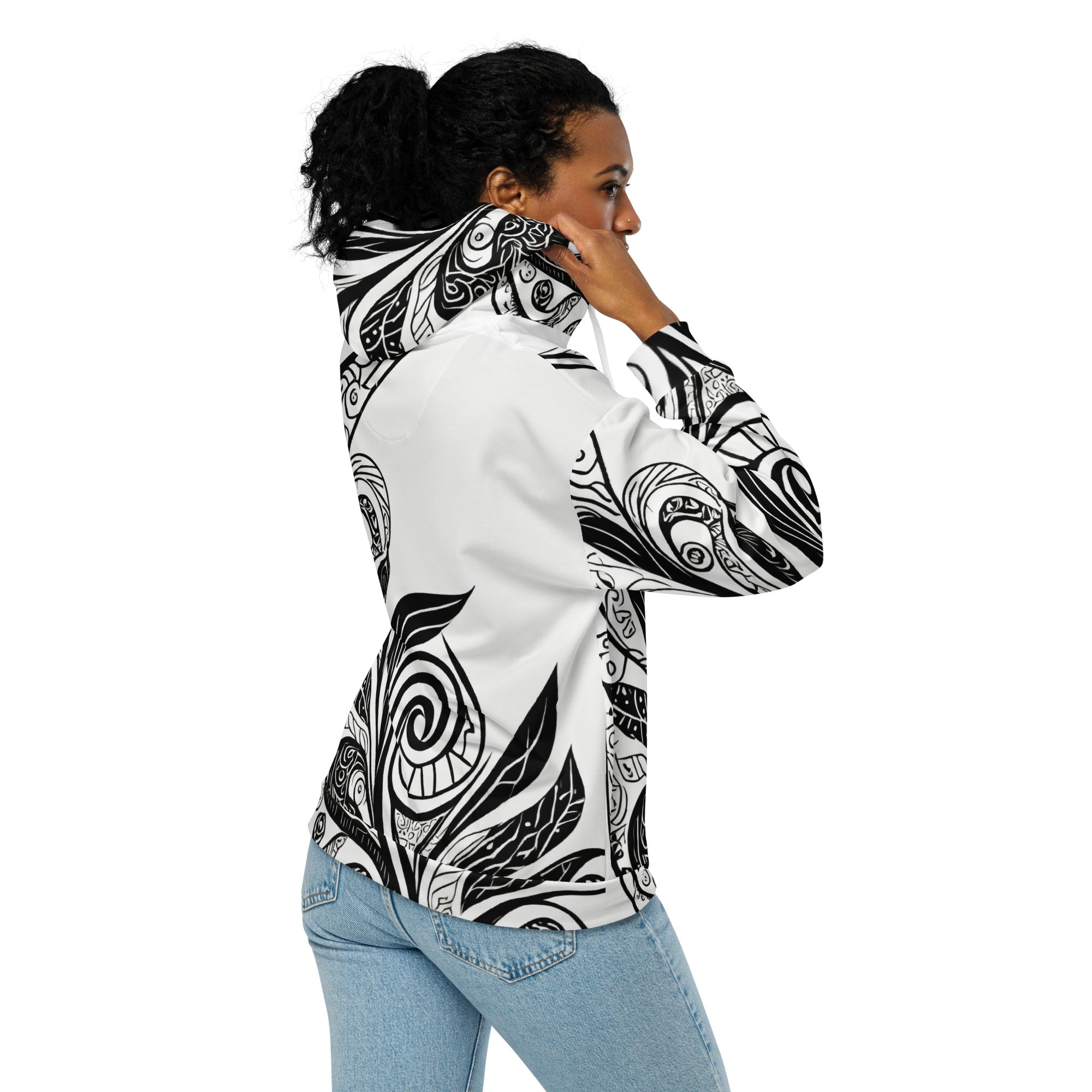 Womens Graphic Zip Hoodie featuring black floral line art print, showcasing a stylish design with a relaxed fit and premium details.