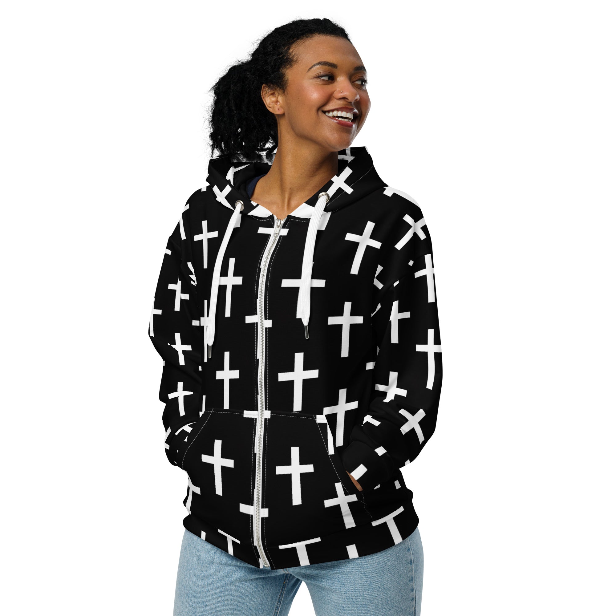 Womens Graphic Zip Hoodie featuring a black and white seamless cross print, showcasing a relaxed fit and stylish design.