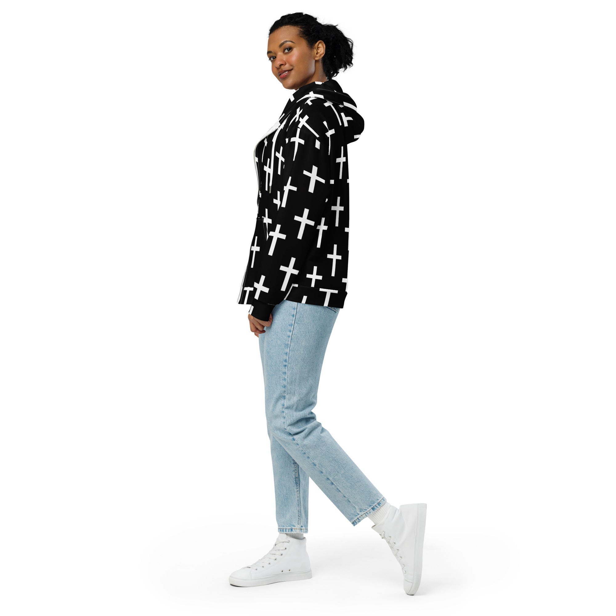 Womens Graphic Zip Hoodie featuring a black and white seamless cross print, showcasing a relaxed fit and stylish design.