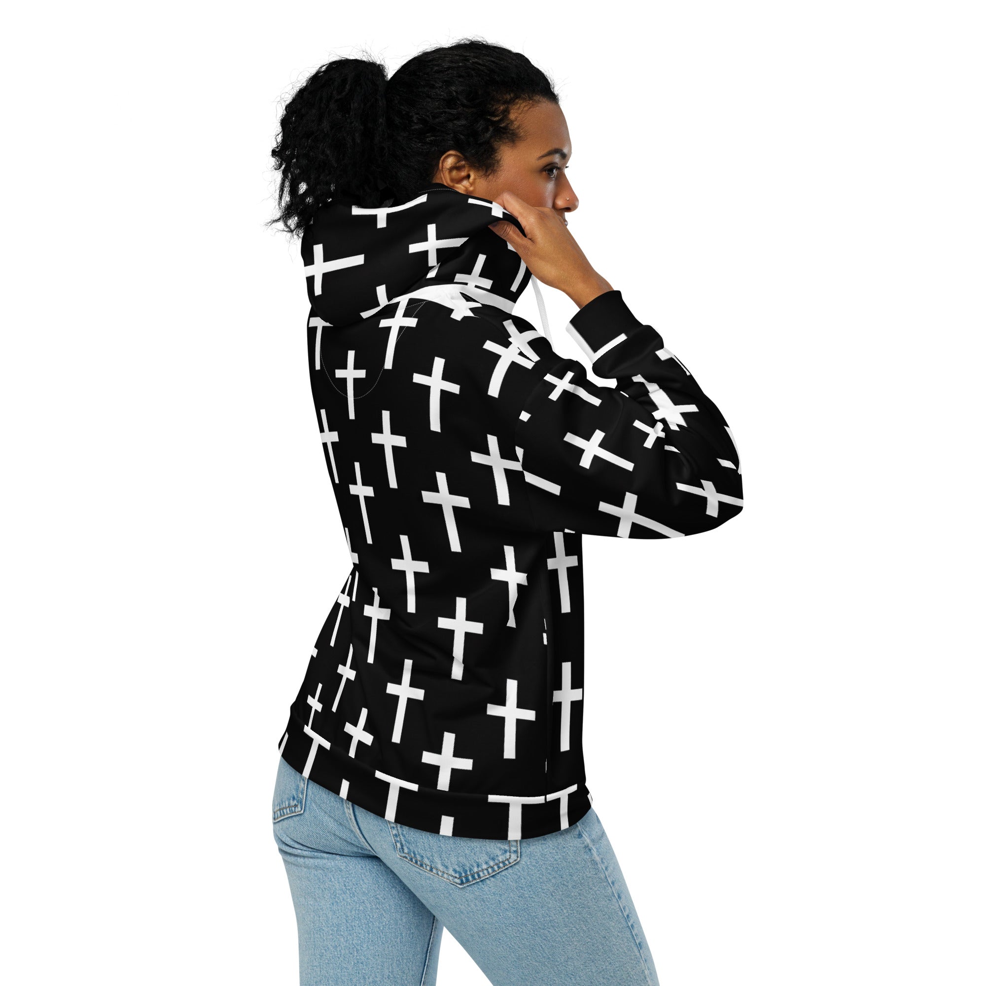 Womens Graphic Zip Hoodie featuring a black and white seamless cross print, showcasing a relaxed fit and stylish design.