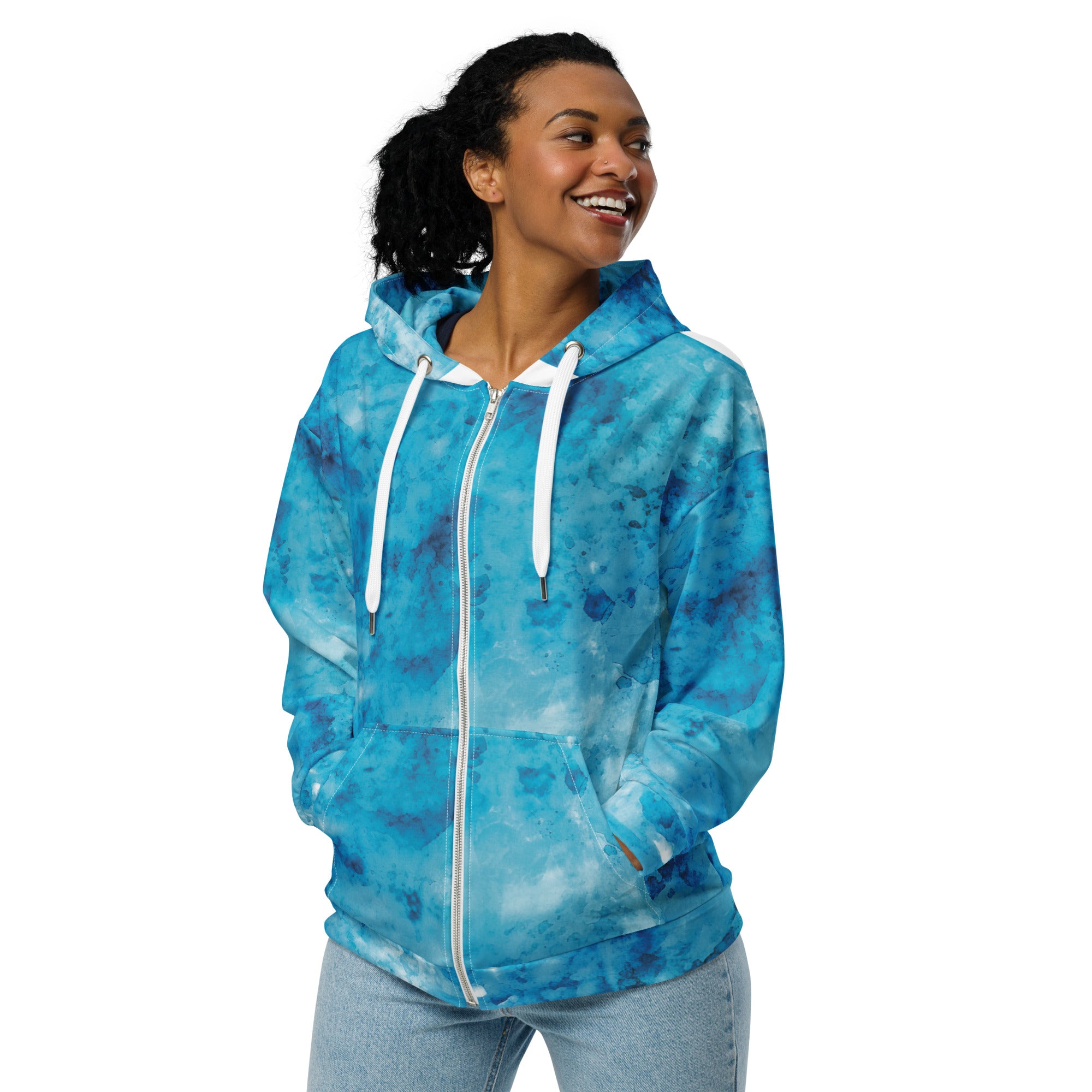 Womens Graphic Zip Hoodie featuring a blue marble print, showcasing its soft fabric and relaxed fit with drop shoulders.