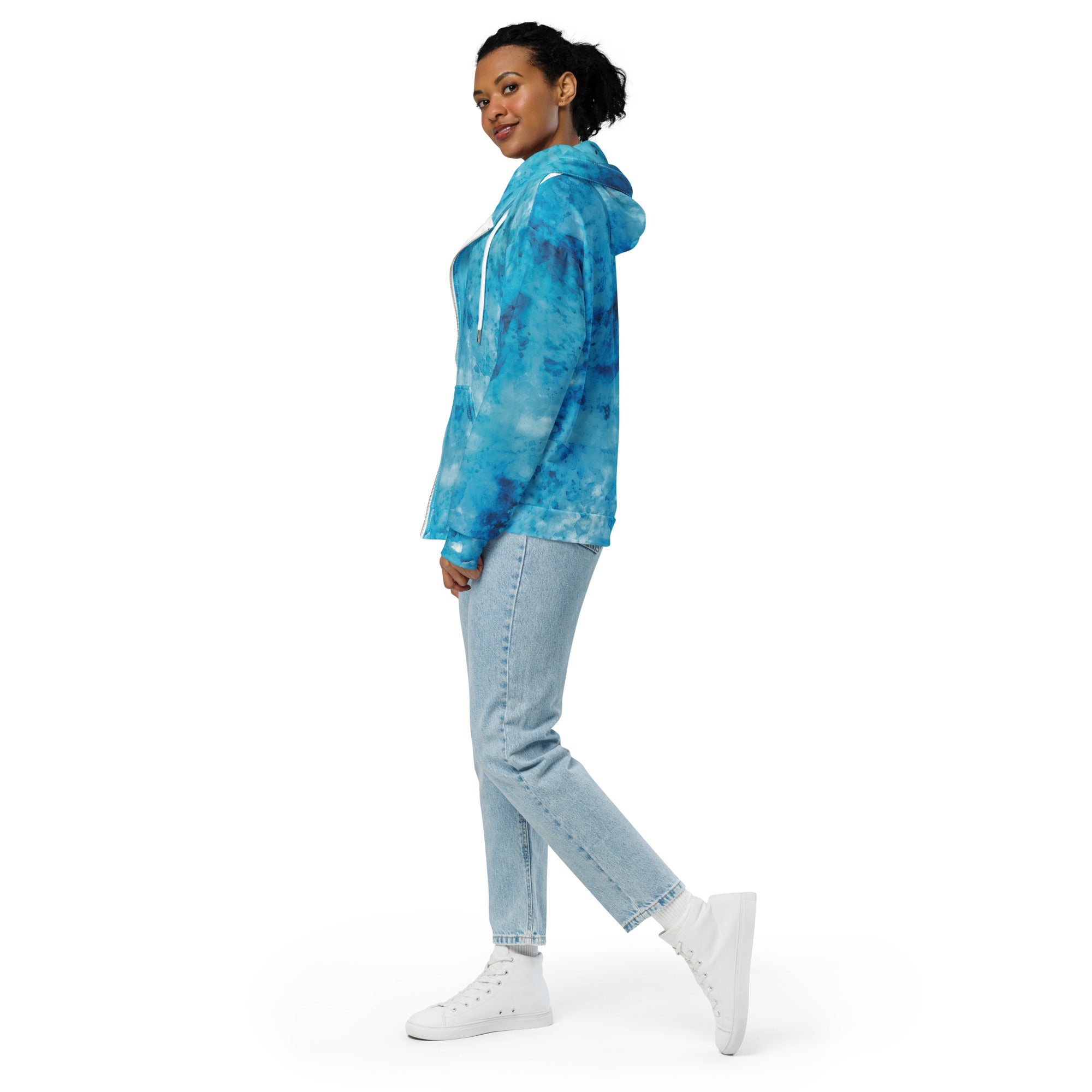 Womens Graphic Zip Hoodie featuring a blue marble print, showcasing its soft fabric and relaxed fit with drop shoulders.