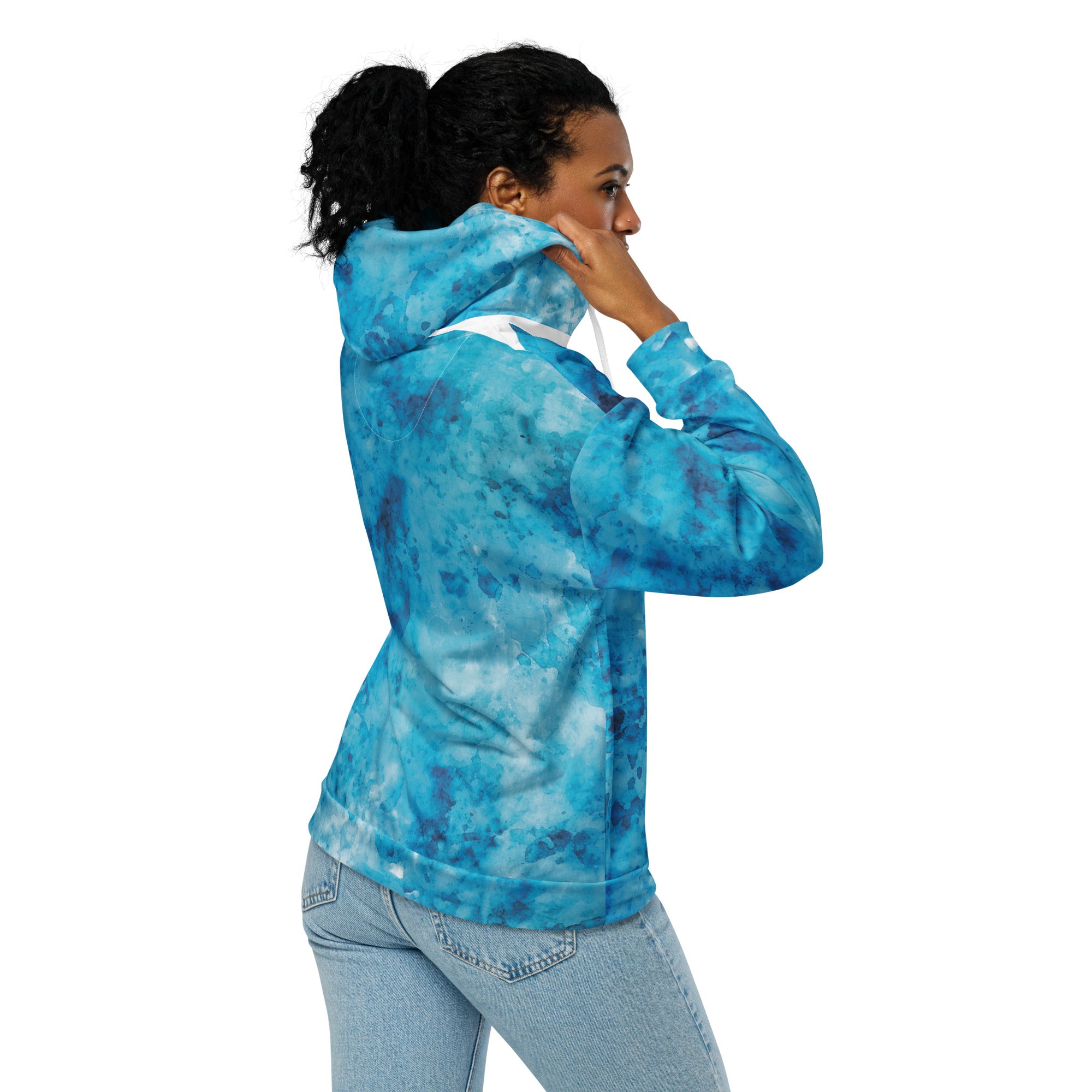 Womens Graphic Zip Hoodie featuring a blue marble print, showcasing its soft fabric and relaxed fit with drop shoulders.