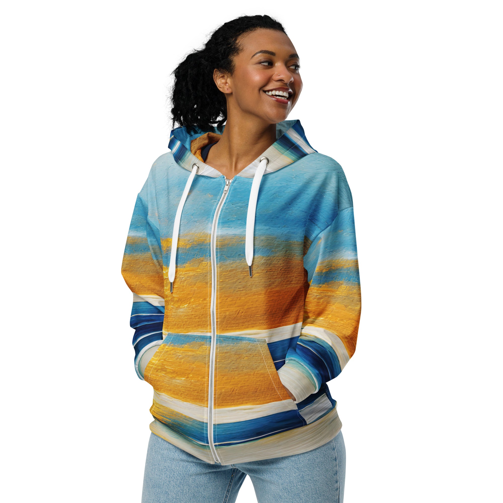 Womens Graphic Zip Hoodie featuring a Blue Ocean Golden Sunset print, showcasing a relaxed fit with drop shoulders and a double-lined hood.