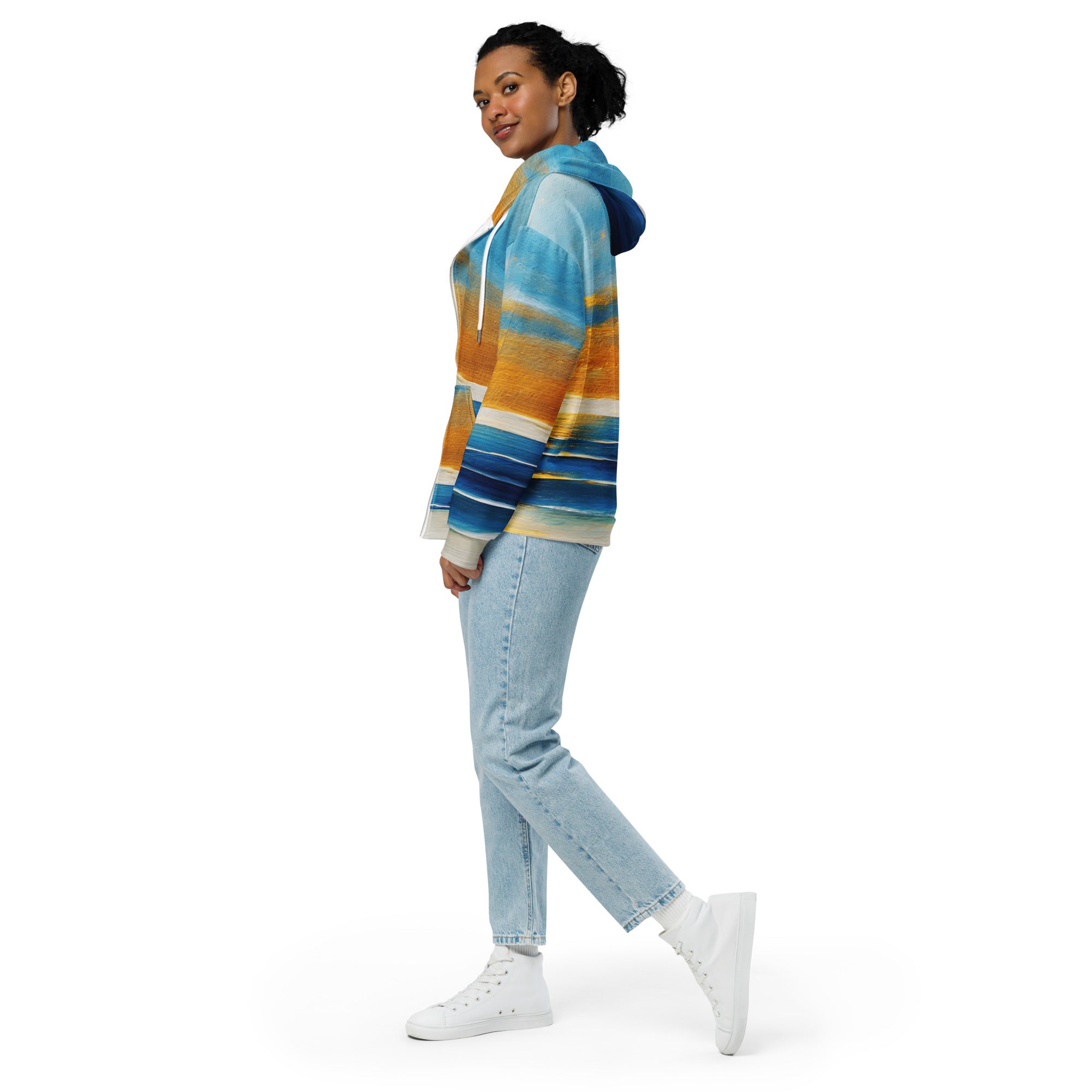 Womens Graphic Zip Hoodie featuring a Blue Ocean Golden Sunset print, showcasing a relaxed fit with drop shoulders and a double-lined hood.