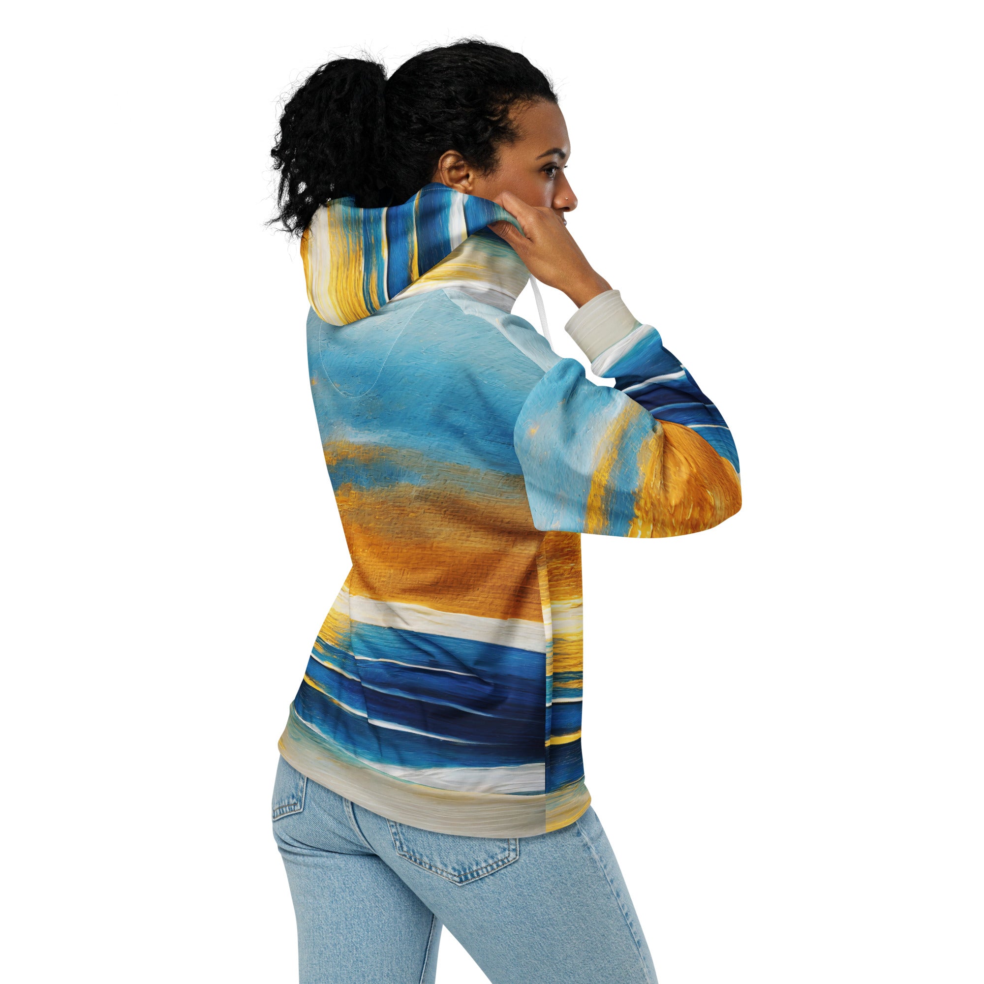 Womens Graphic Zip Hoodie featuring a Blue Ocean Golden Sunset print, showcasing a relaxed fit with drop shoulders and a double-lined hood.