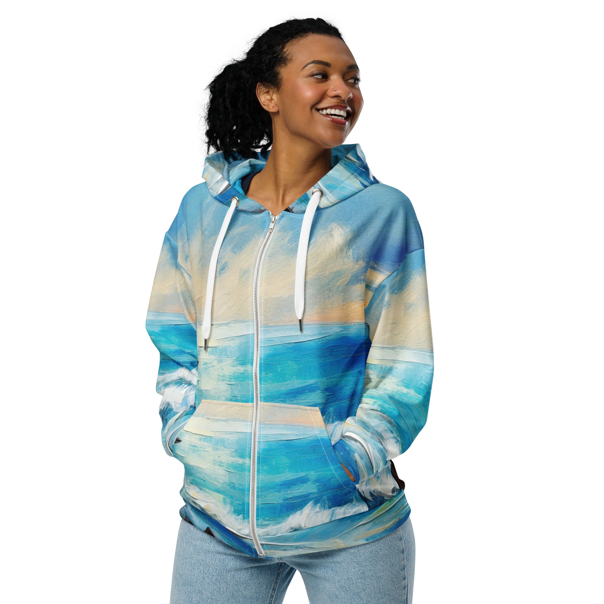 Womens Graphic Zip Hoodie featuring a Blue Ocean Print, showcasing a relaxed fit with drop shoulders and a double-lined hood.