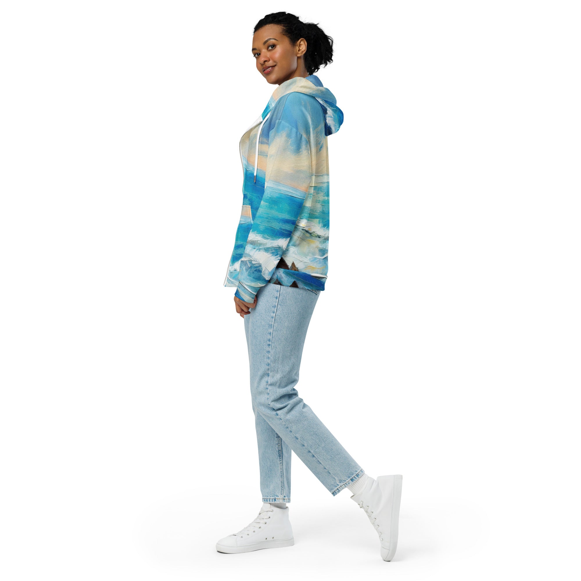 Womens Graphic Zip Hoodie featuring a Blue Ocean Print, showcasing a relaxed fit with drop shoulders and a double-lined hood.