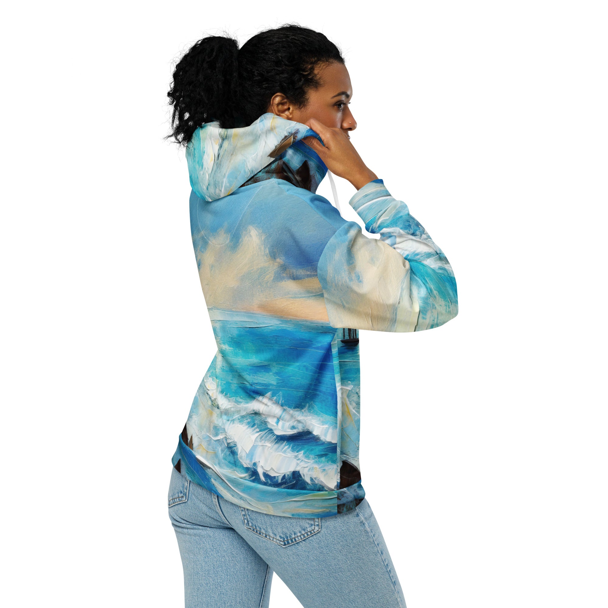 Womens Graphic Zip Hoodie featuring a Blue Ocean Print, showcasing a relaxed fit with drop shoulders and a double-lined hood.