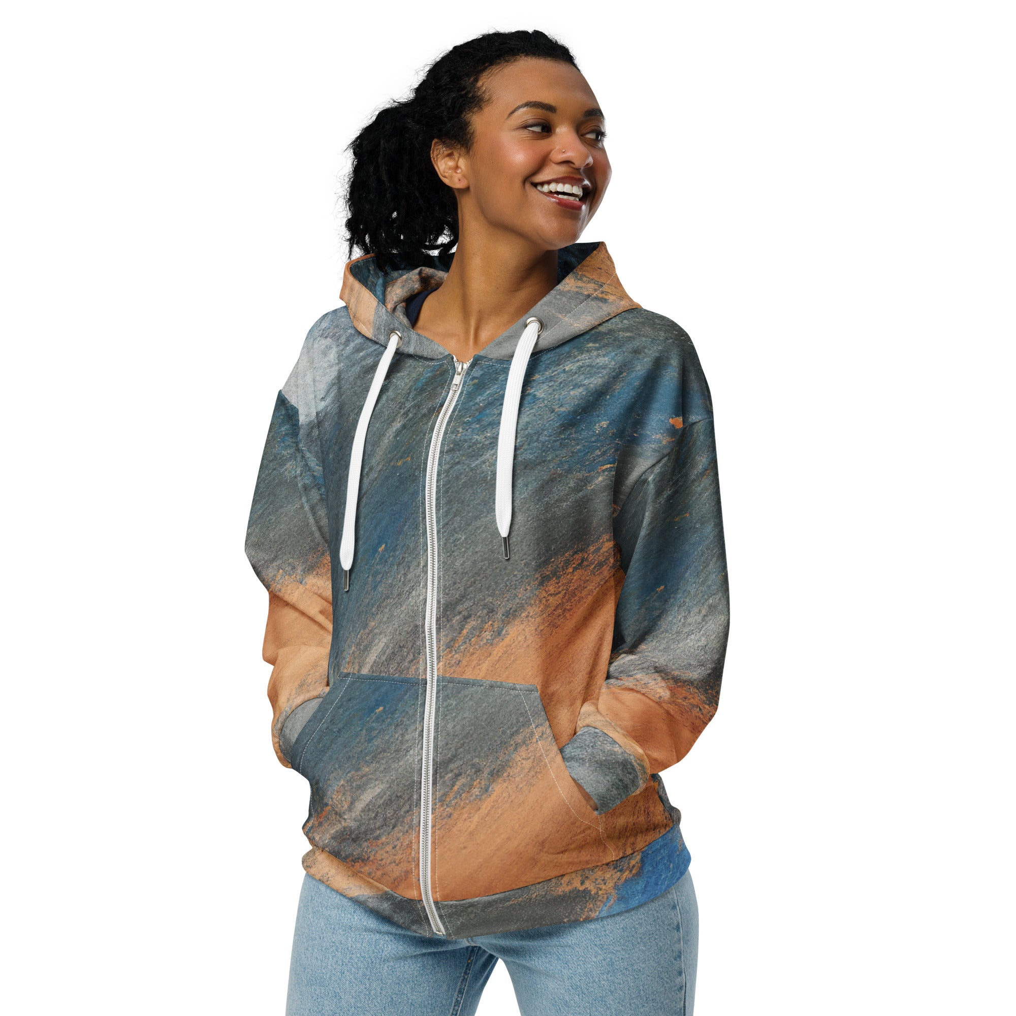 Womens Graphic Zip Hoodie featuring a blue and orange abstract pattern, showcasing its relaxed fit and double-lined hood.