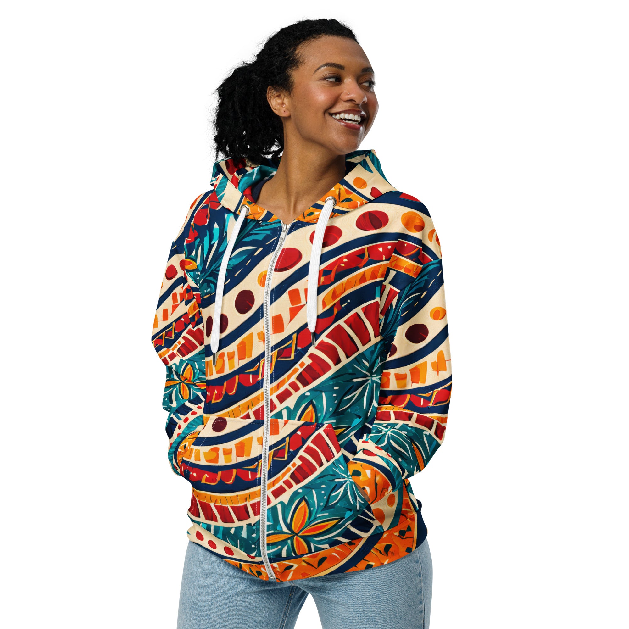 Womens Graphic Zip Hoodie featuring a vibrant boho floral print, showcasing its soft fabric and stylish design.