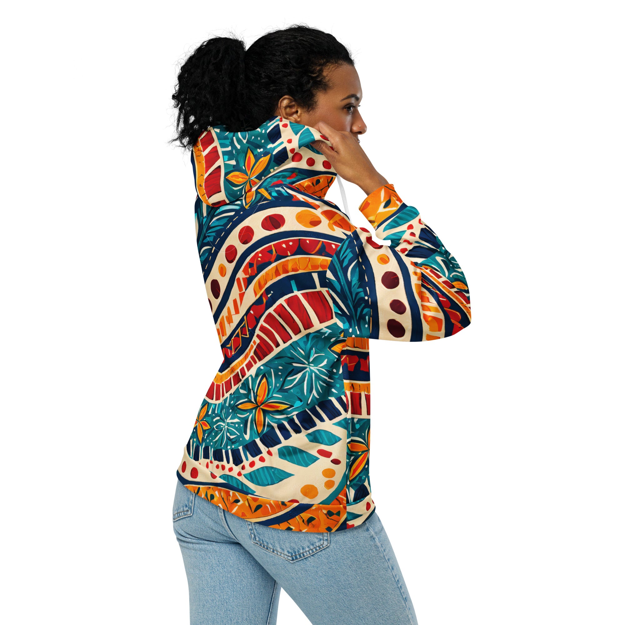 Womens Graphic Zip Hoodie featuring a vibrant boho floral print, showcasing its soft fabric and stylish design.