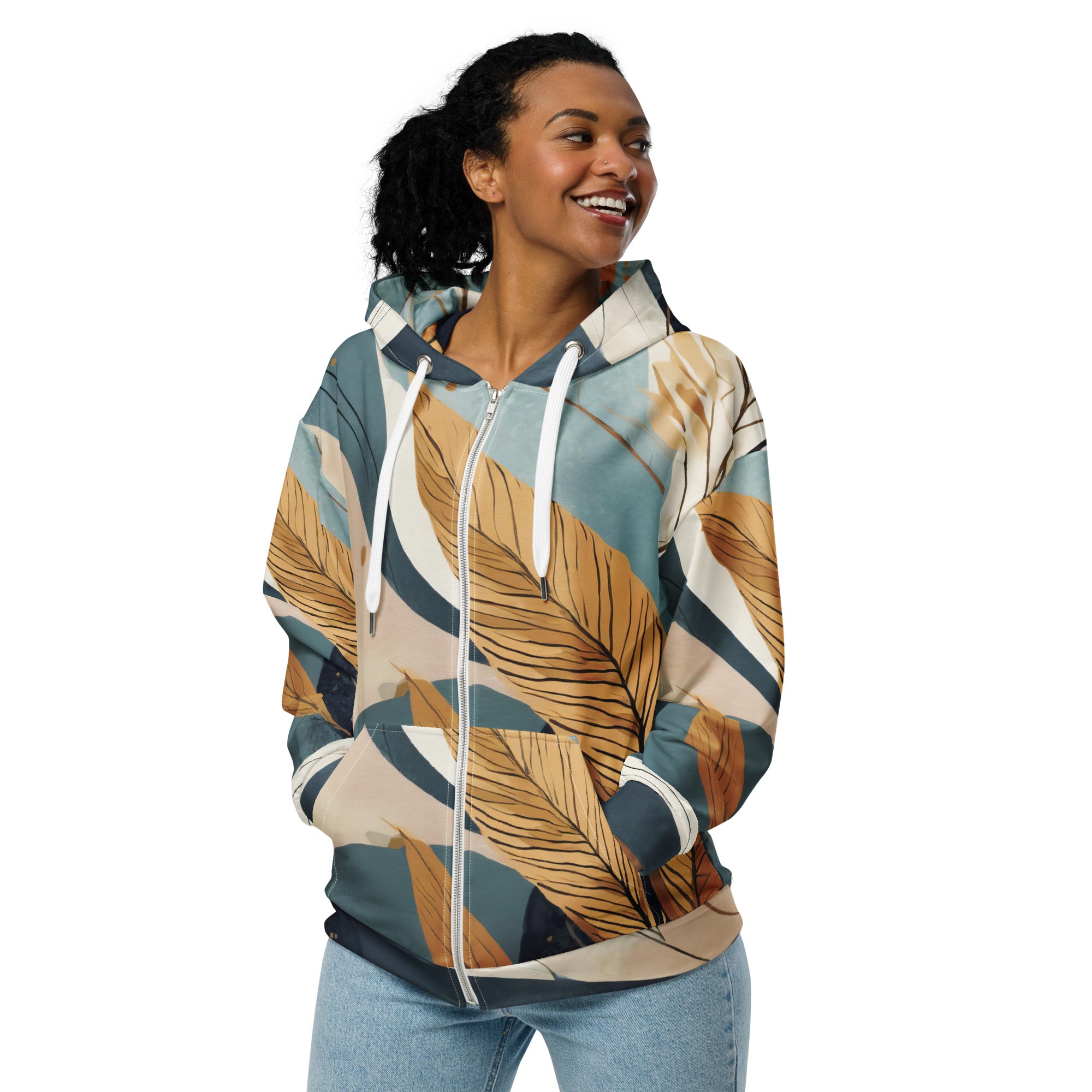 Womens Graphic Zip Hoodie featuring a boho style print, showcasing a relaxed fit with drop shoulders and a double-lined hood.