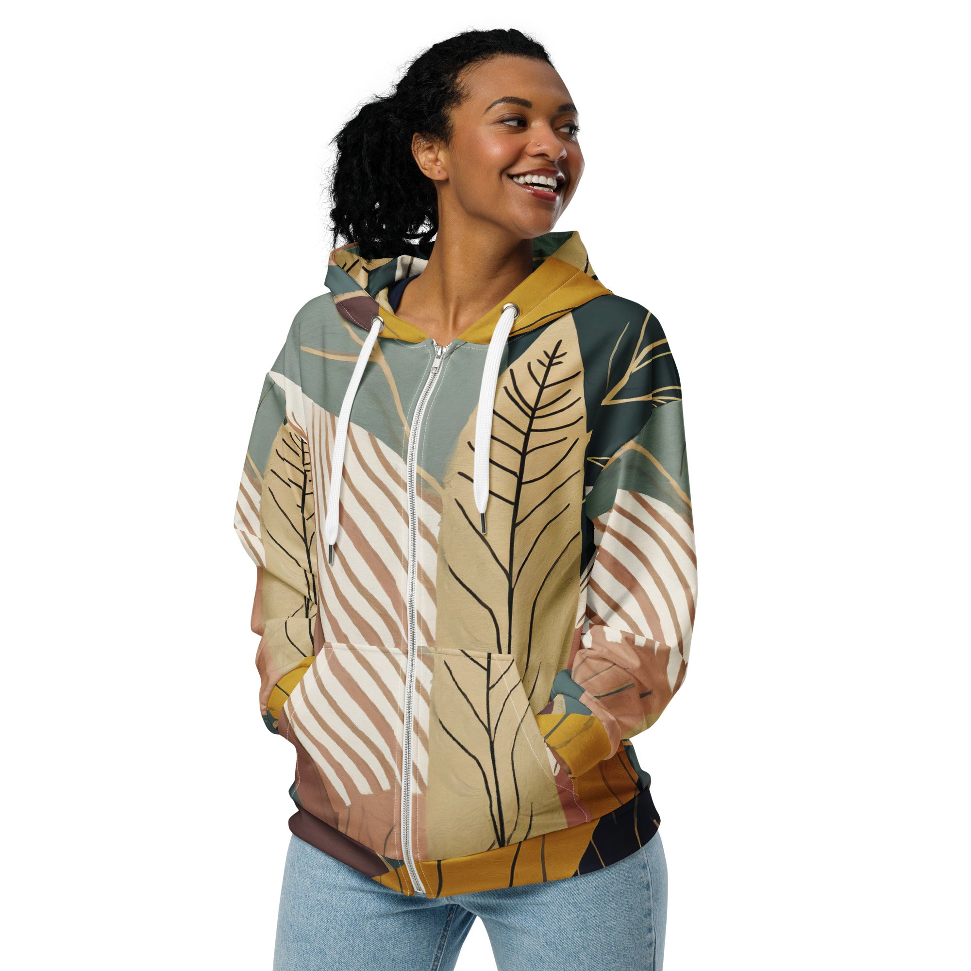 Womens Graphic Zip Hoodie featuring a boho style print, showcasing a relaxed fit with drop shoulders and a double-lined hood.