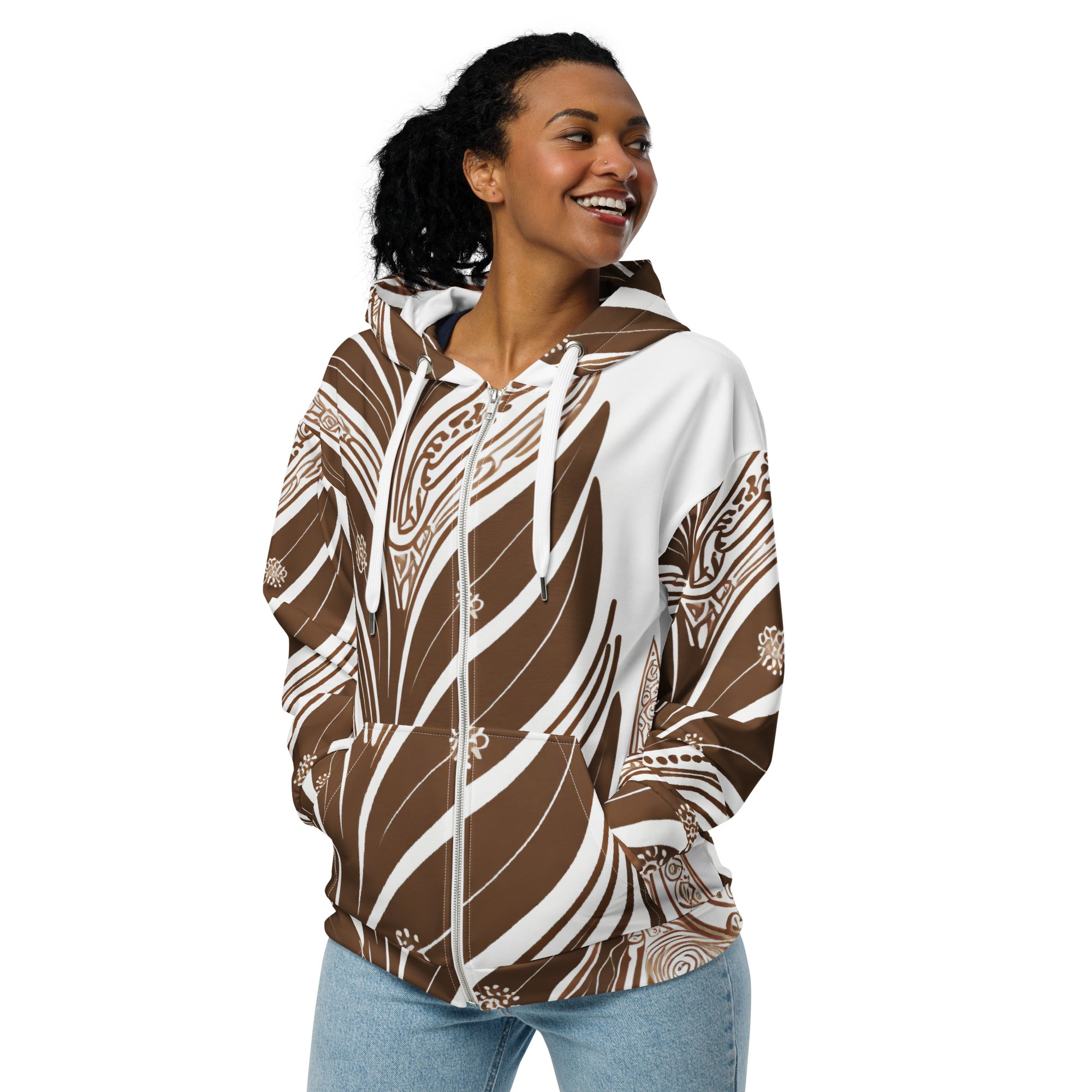 Womens Graphic Zip Hoodie featuring a brown floral line art print, showcasing a relaxed fit and premium details.