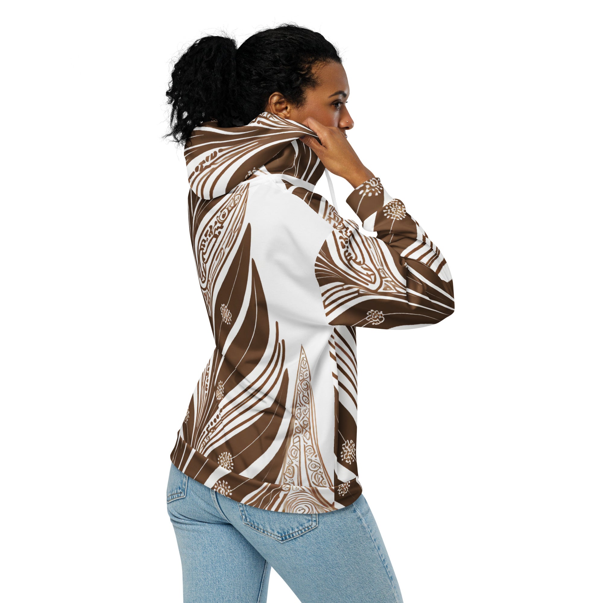 Womens Graphic Zip Hoodie featuring a brown floral line art print, showcasing a relaxed fit and premium details.