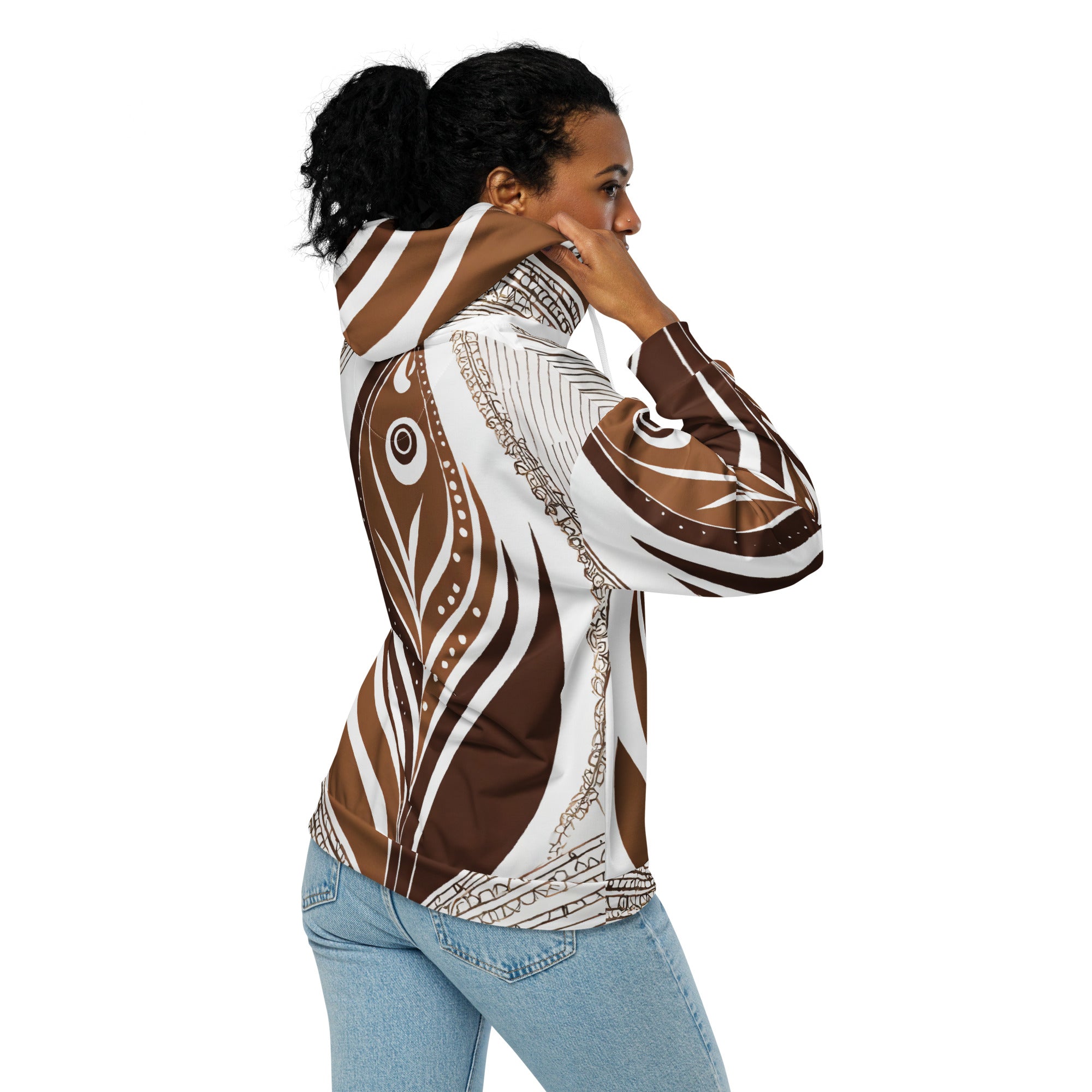 Womens Graphic Zip Hoodie featuring a brown floral line art print, showcasing a relaxed fit and premium details.