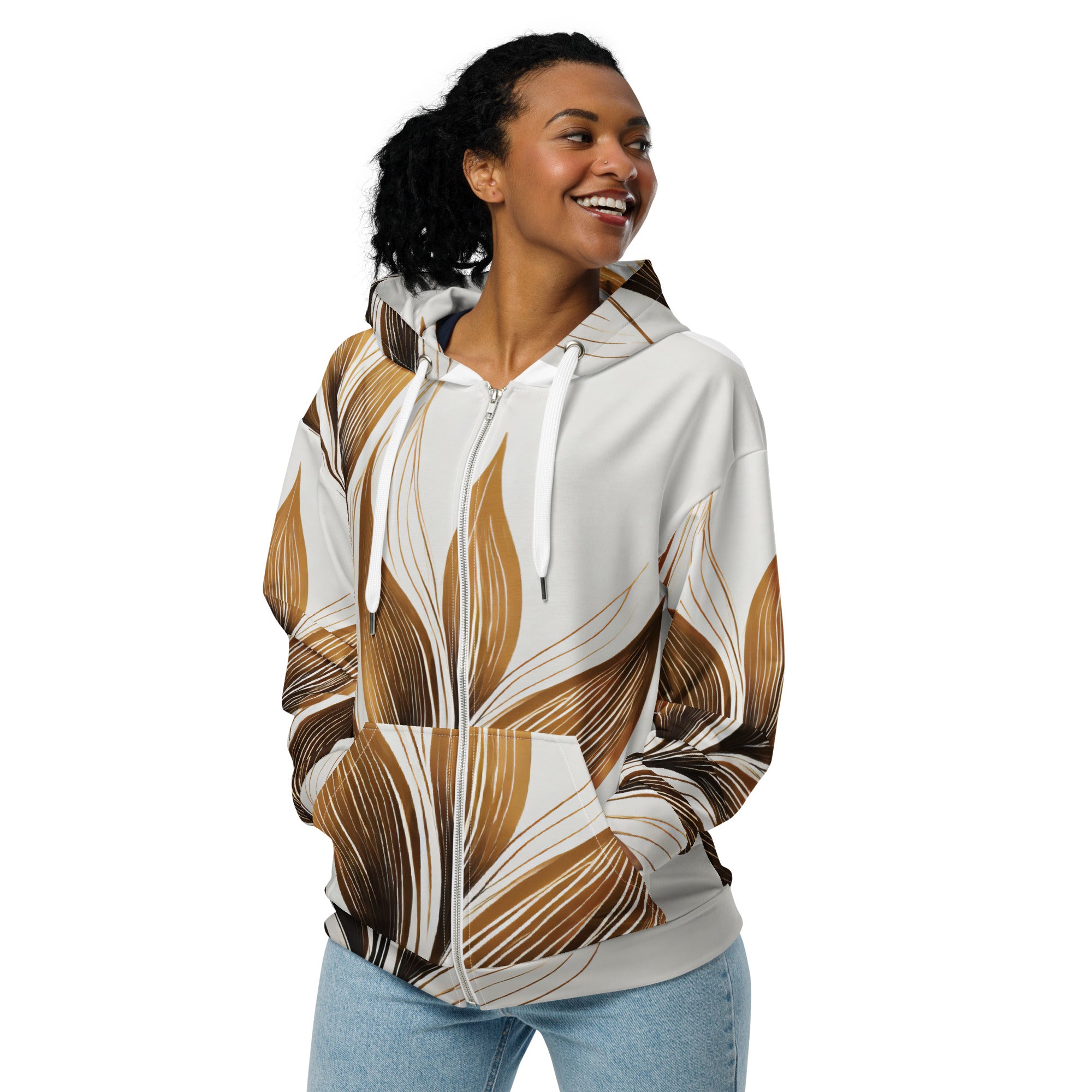 Womens Graphic Zip Hoodie featuring brown floral line art print, showcasing a stylish and sustainable design with a relaxed fit.