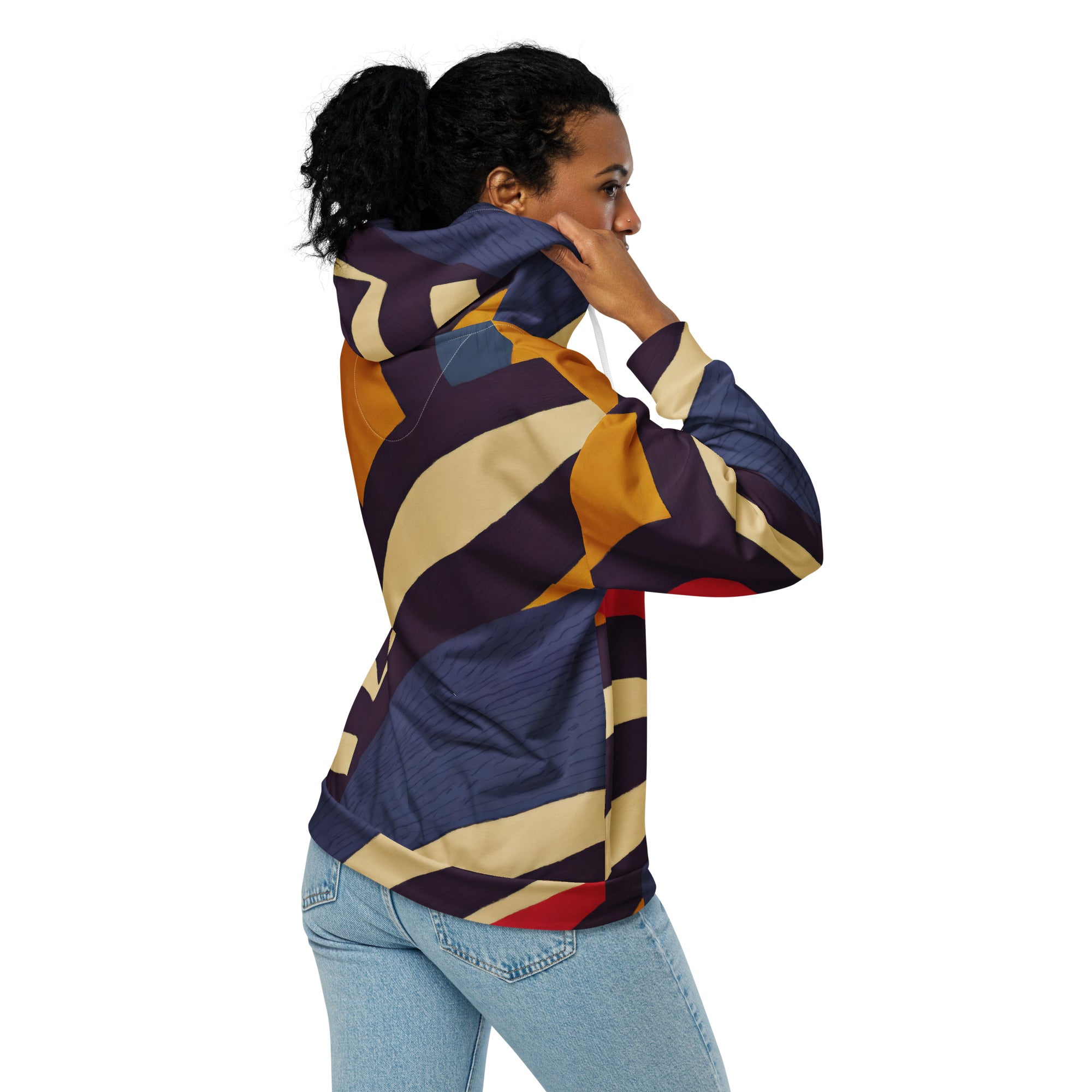 Womens Graphic Zip Hoodie featuring a brown, red, and blue colorblock design with a zip closure and relaxed fit.