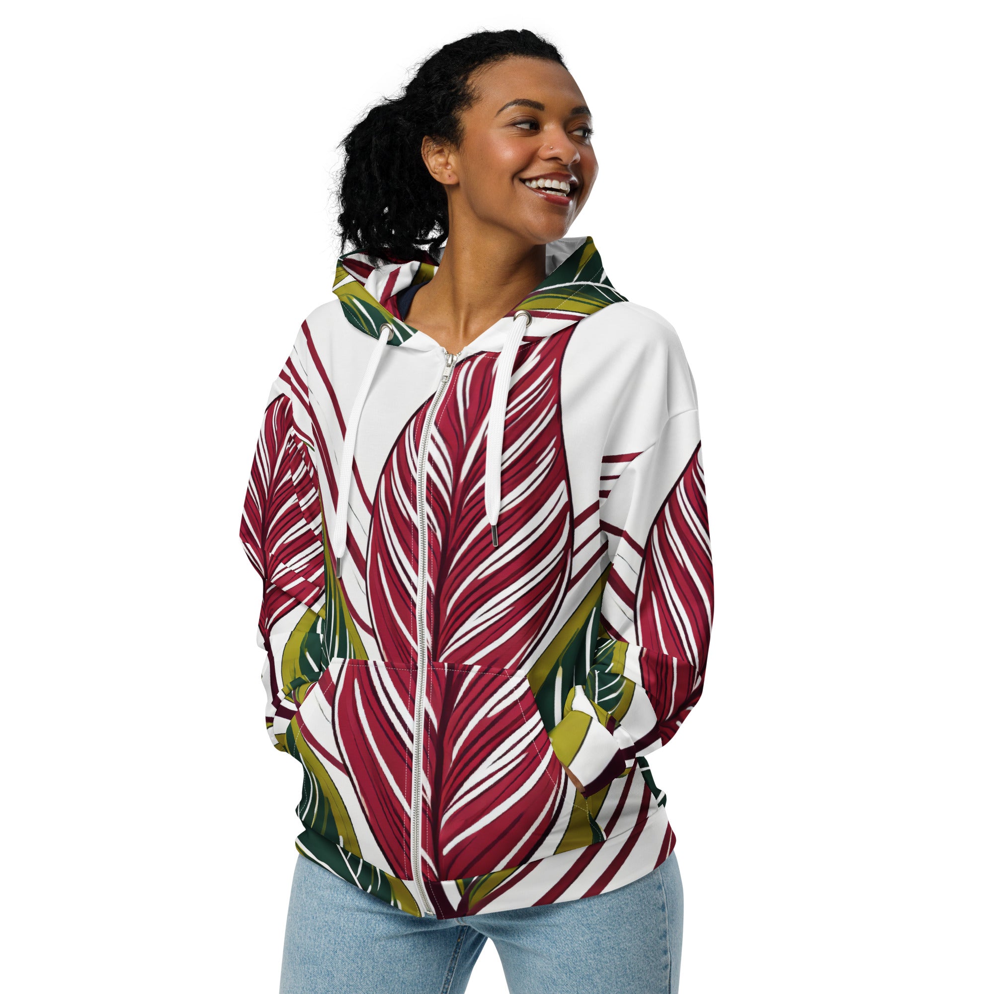 Womens Graphic Zip Hoodie featuring colorful floral lines, showcasing a relaxed fit and double-lined hood.