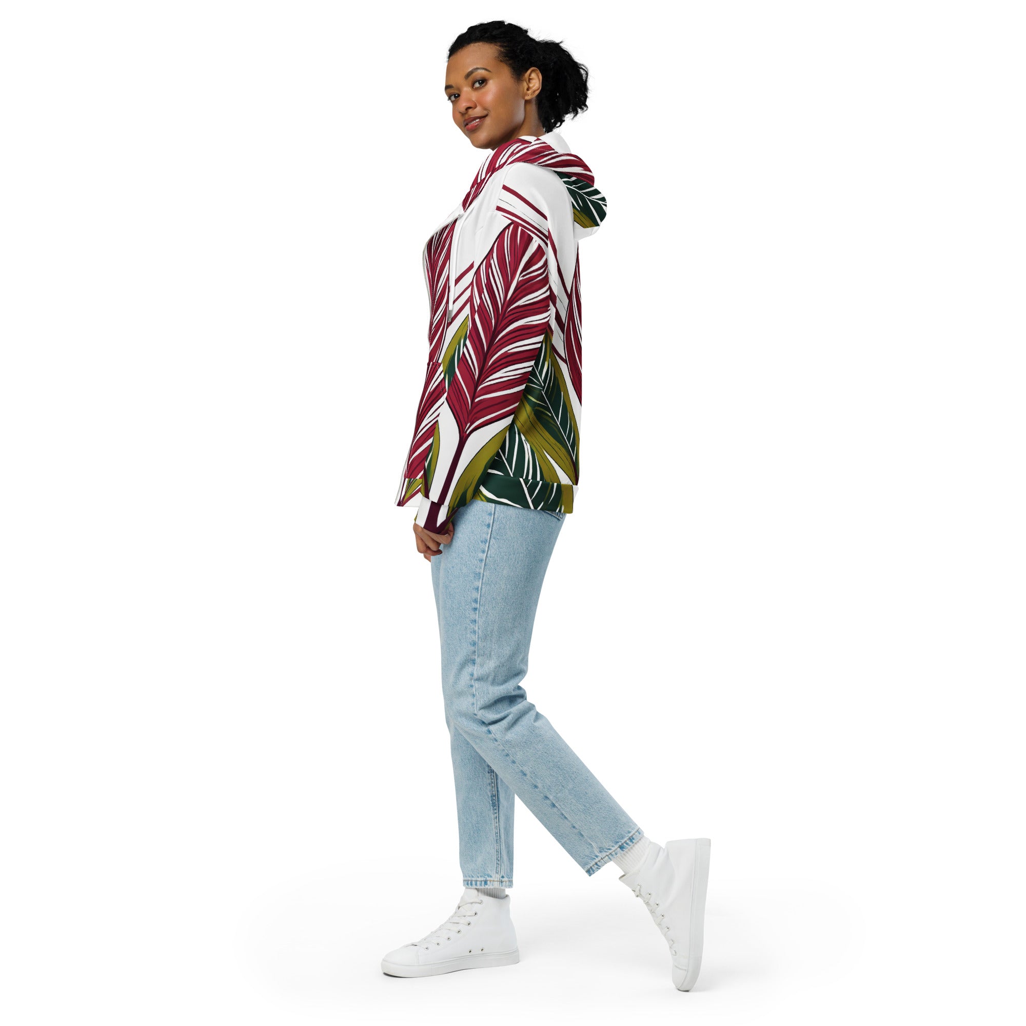 Womens Graphic Zip Hoodie featuring colorful floral lines, showcasing a relaxed fit and double-lined hood.