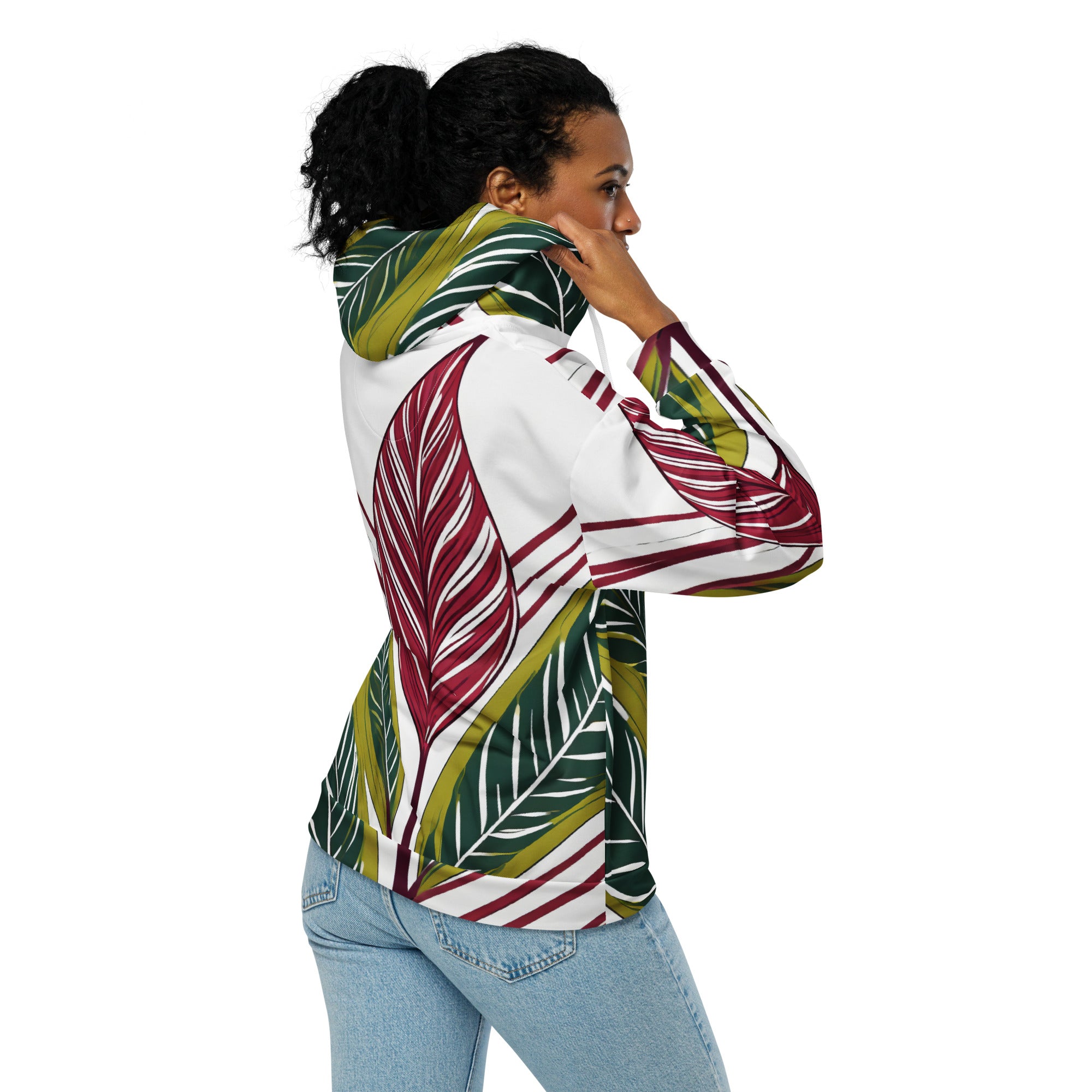 Womens Graphic Zip Hoodie featuring colorful floral lines, showcasing a relaxed fit and double-lined hood.