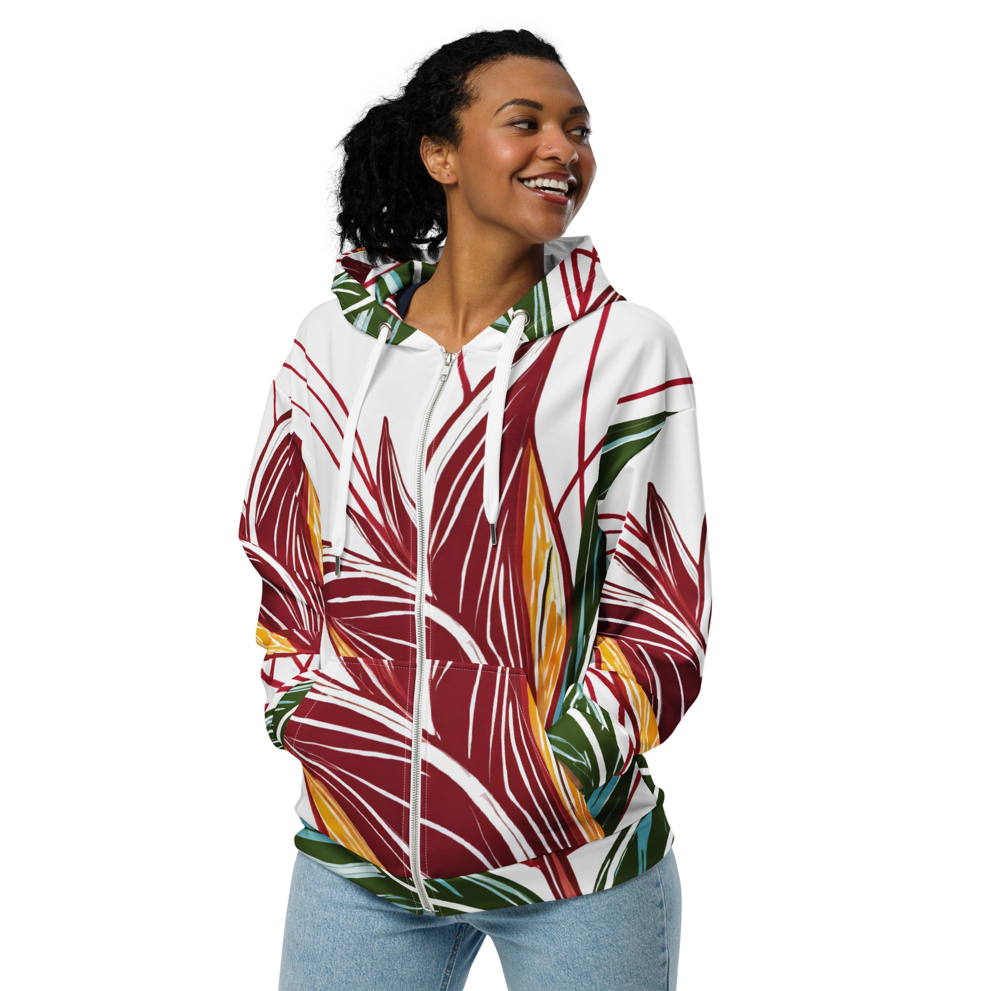 Womens Graphic Zip Hoodie featuring colorful floral lines, showcasing a stylish design with a relaxed fit and premium details.