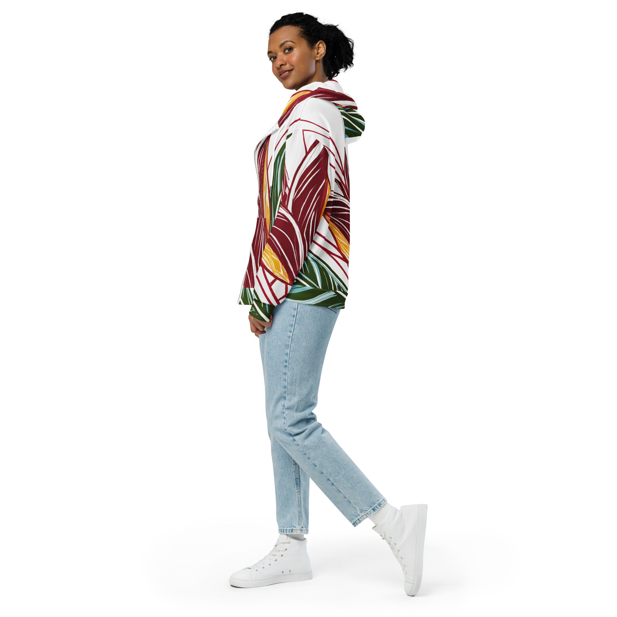 Womens Graphic Zip Hoodie featuring colorful floral lines, showcasing a stylish design with a relaxed fit and premium details.