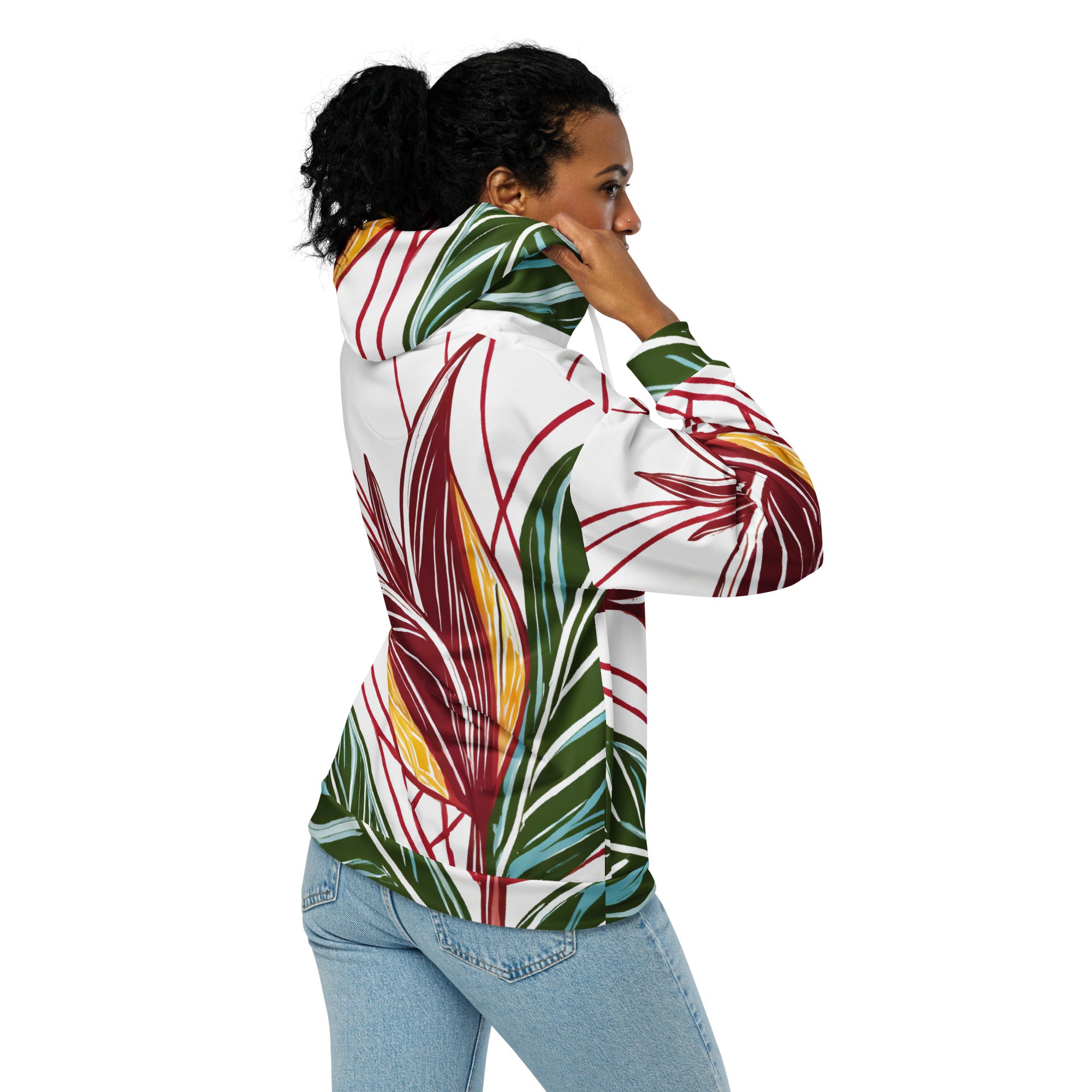 Womens Graphic Zip Hoodie featuring colorful floral lines, showcasing a stylish design with a relaxed fit and premium details.