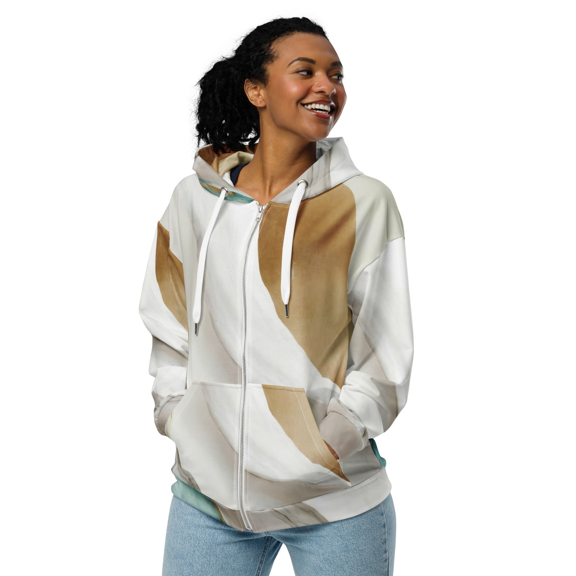 Womens Graphic Zip Hoodie in Cream White and Green Marbled Print, featuring a double-lined hood and relaxed fit.