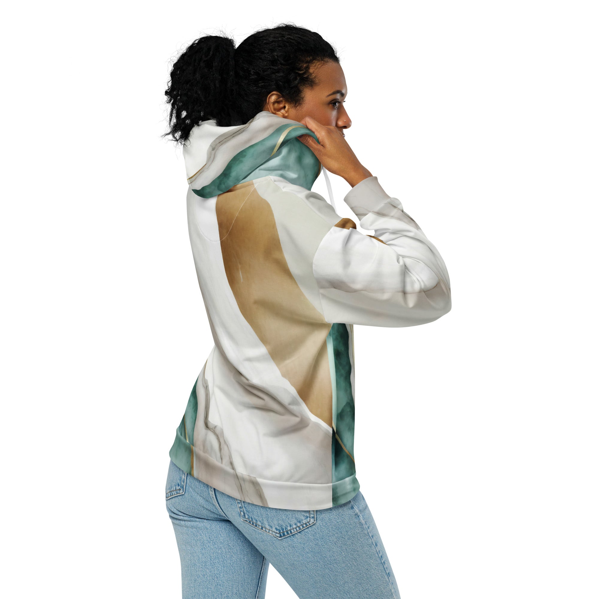 Womens Graphic Zip Hoodie in Cream White and Green Marbled Print, featuring a double-lined hood and relaxed fit.