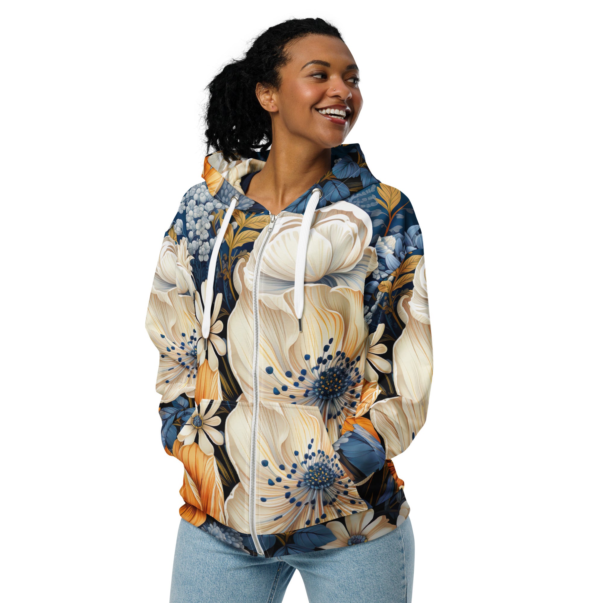 Womens Graphic Zip Hoodie featuring a vibrant blue floral print, showcasing its soft fabric and relaxed fit design.