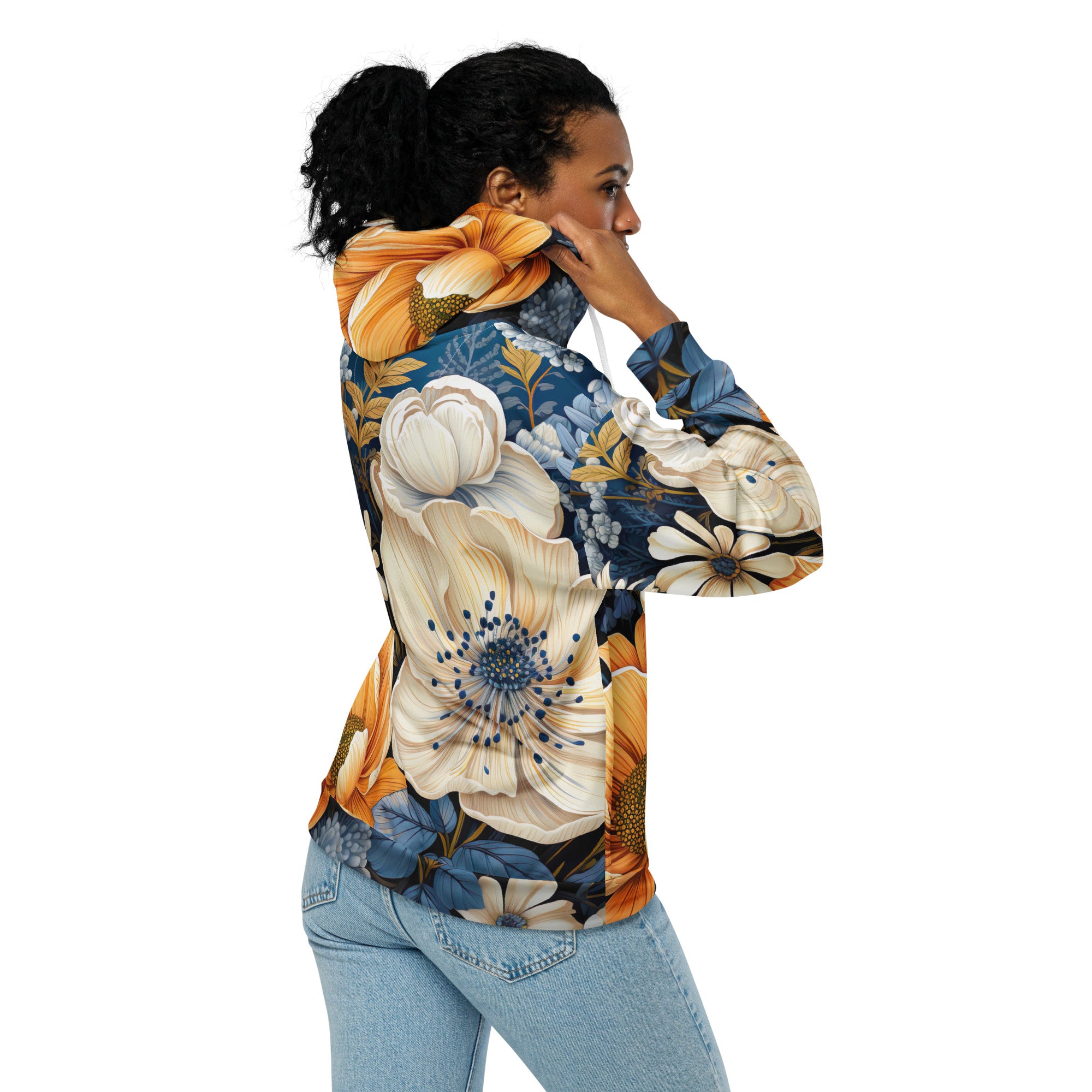 Womens Graphic Zip Hoodie featuring a vibrant blue floral print, showcasing its soft fabric and relaxed fit design.