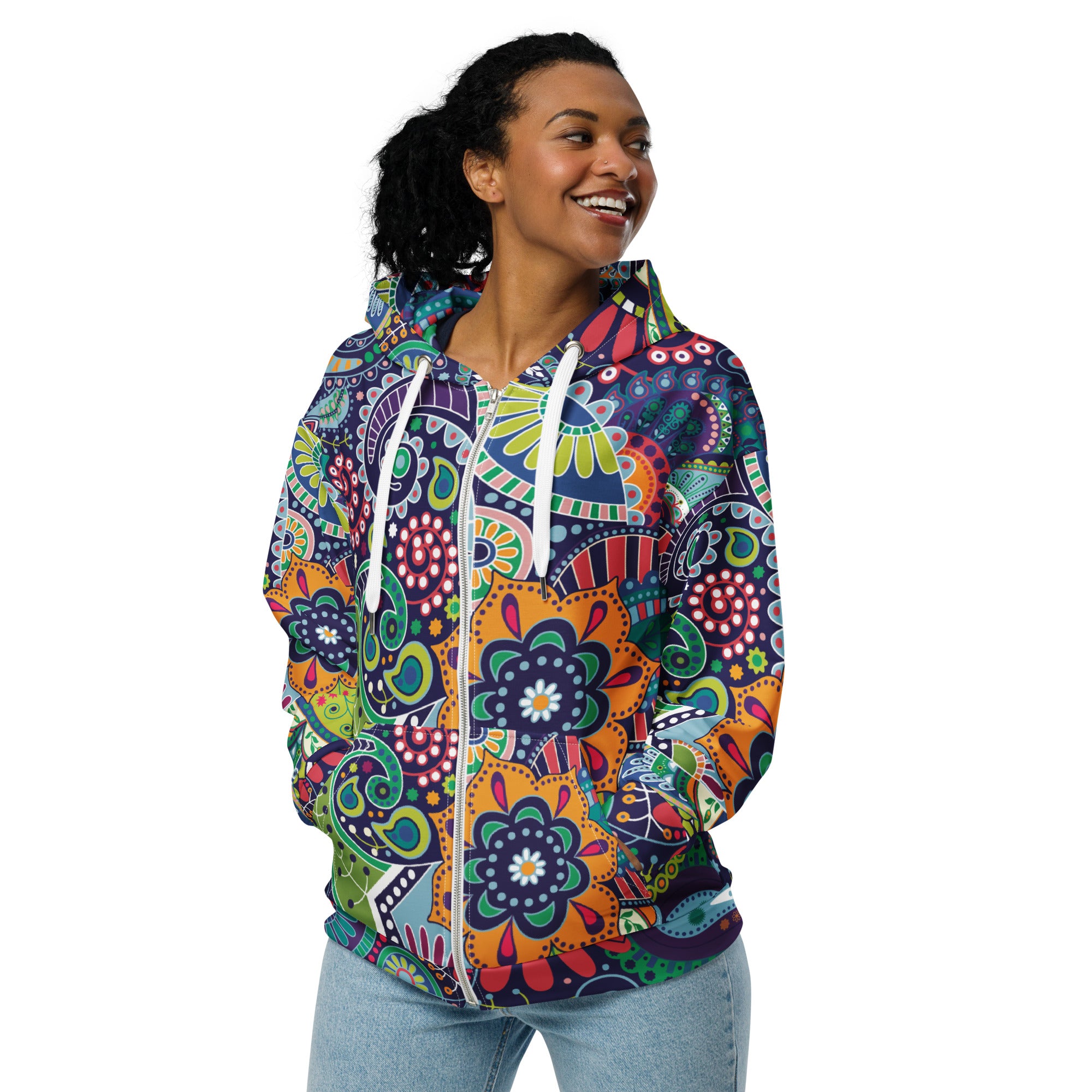 Womens Graphic Zip Hoodie Floral Paisley 22523 featuring a floral paisley design, soft fabric, and a relaxed fit with a double-lined hood.