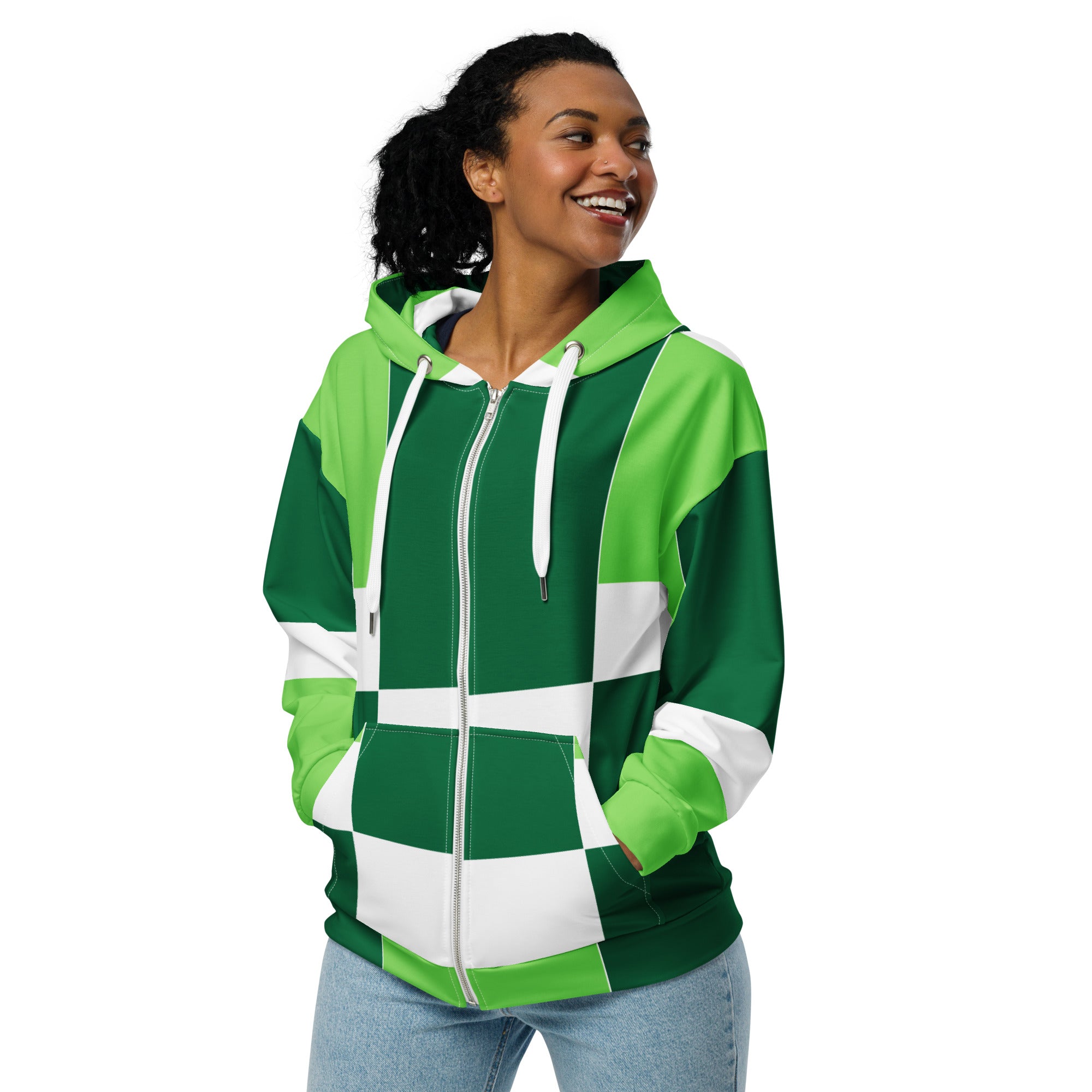 Womens Graphic Zip Hoodie in Green and White Colorblock with grid lines, featuring a double-lined hood and premium metal zipper.