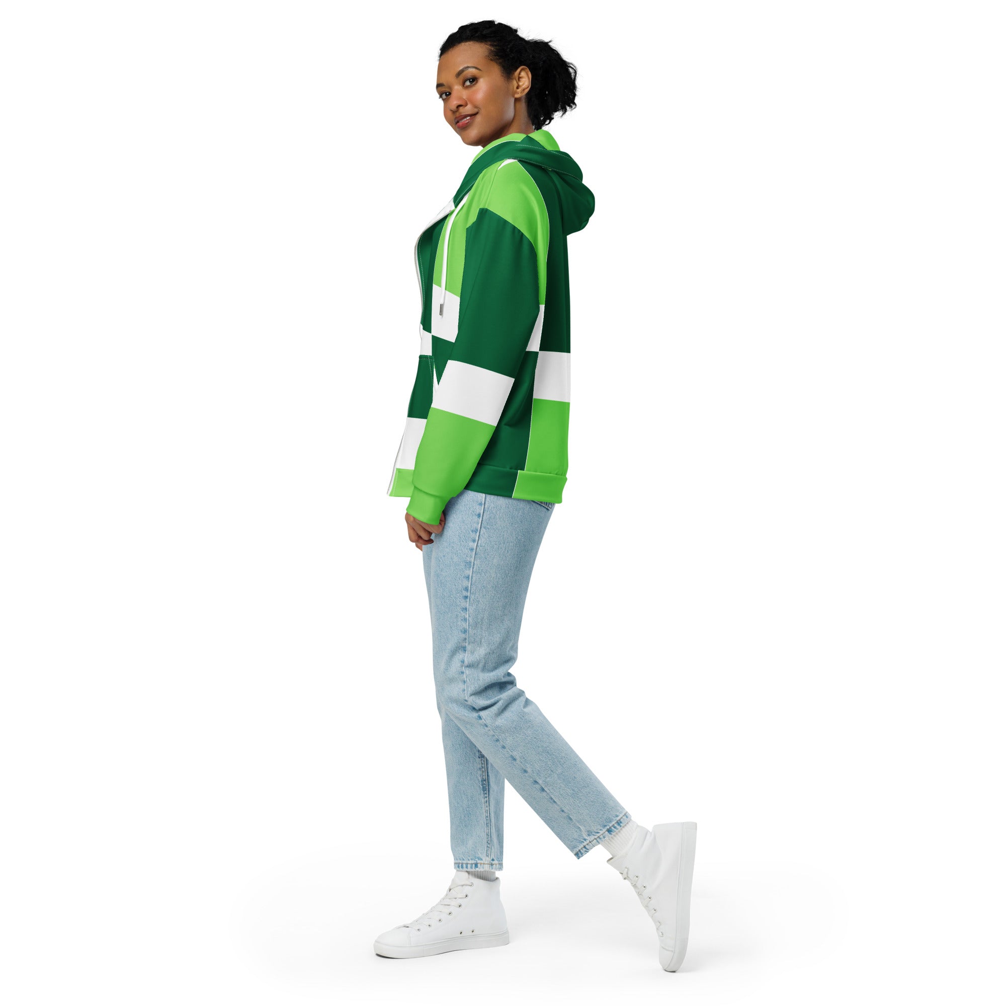 Womens Graphic Zip Hoodie in Green and White Colorblock with grid lines, featuring a double-lined hood and premium metal zipper.