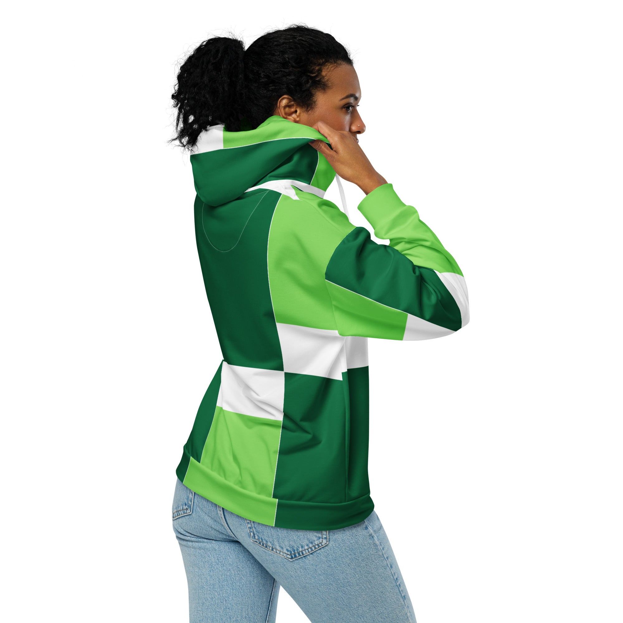 Womens Graphic Zip Hoodie in Green and White Colorblock with grid lines, featuring a double-lined hood and premium metal zipper.