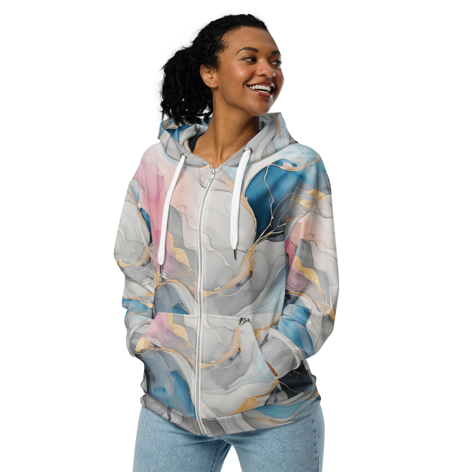 Womens Graphic Zip Hoodie in Marble Cloud featuring grey, pink, and blue colors with a relaxed fit and double-lined hood.