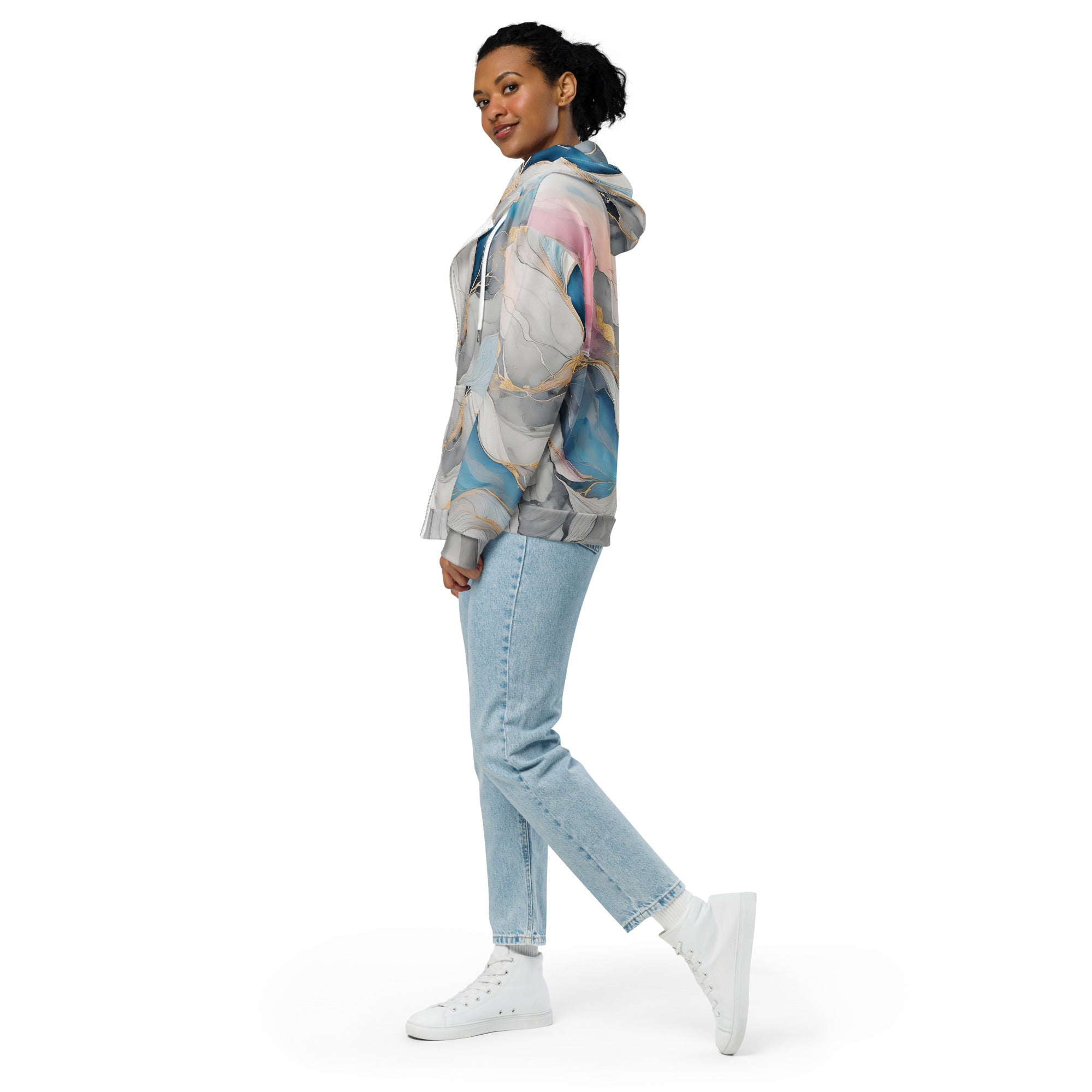 Womens Graphic Zip Hoodie in Marble Cloud featuring grey, pink, and blue colors with a relaxed fit and double-lined hood.