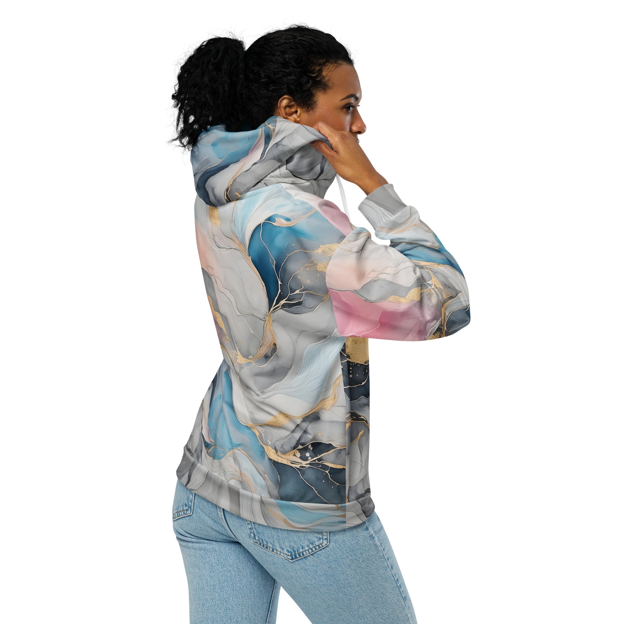 Womens Graphic Zip Hoodie in Marble Cloud featuring grey, pink, and blue colors with a relaxed fit and double-lined hood.