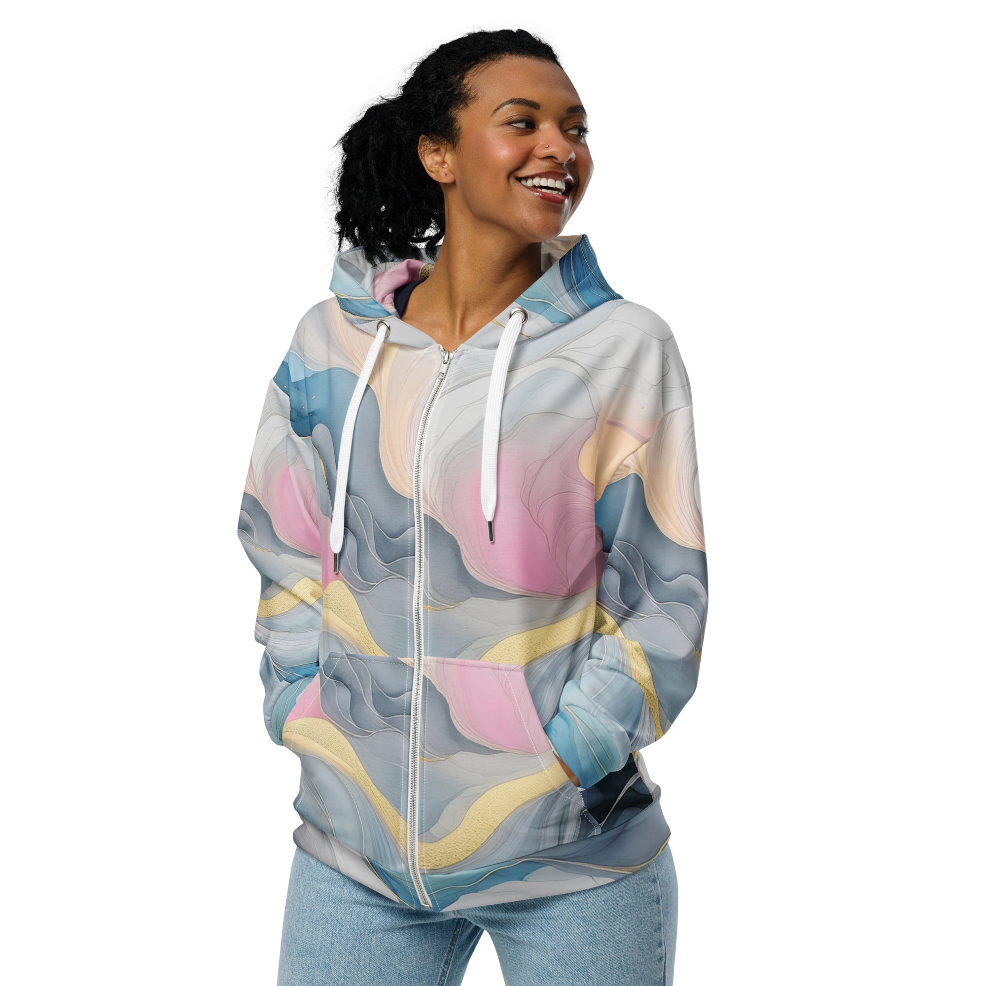 Womens Graphic Zip Hoodie in Marble Cloud design featuring shades of grey, pink, and blue, showcasing a relaxed fit and double-lined hood.