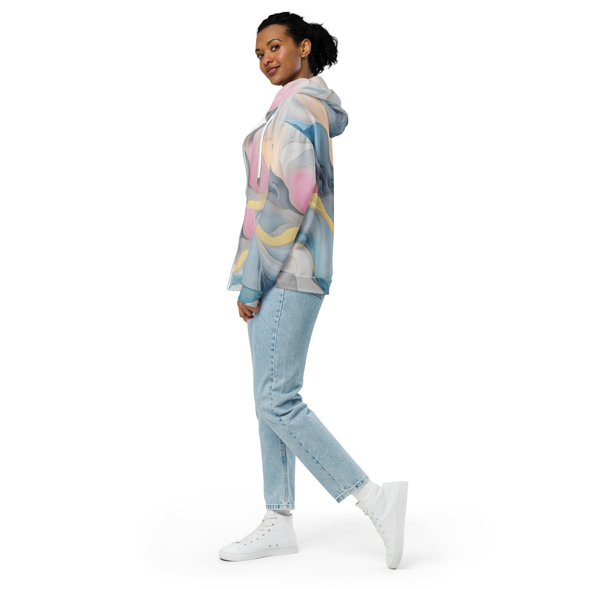 Womens Graphic Zip Hoodie in Marble Cloud design featuring shades of grey, pink, and blue, showcasing a relaxed fit and double-lined hood.