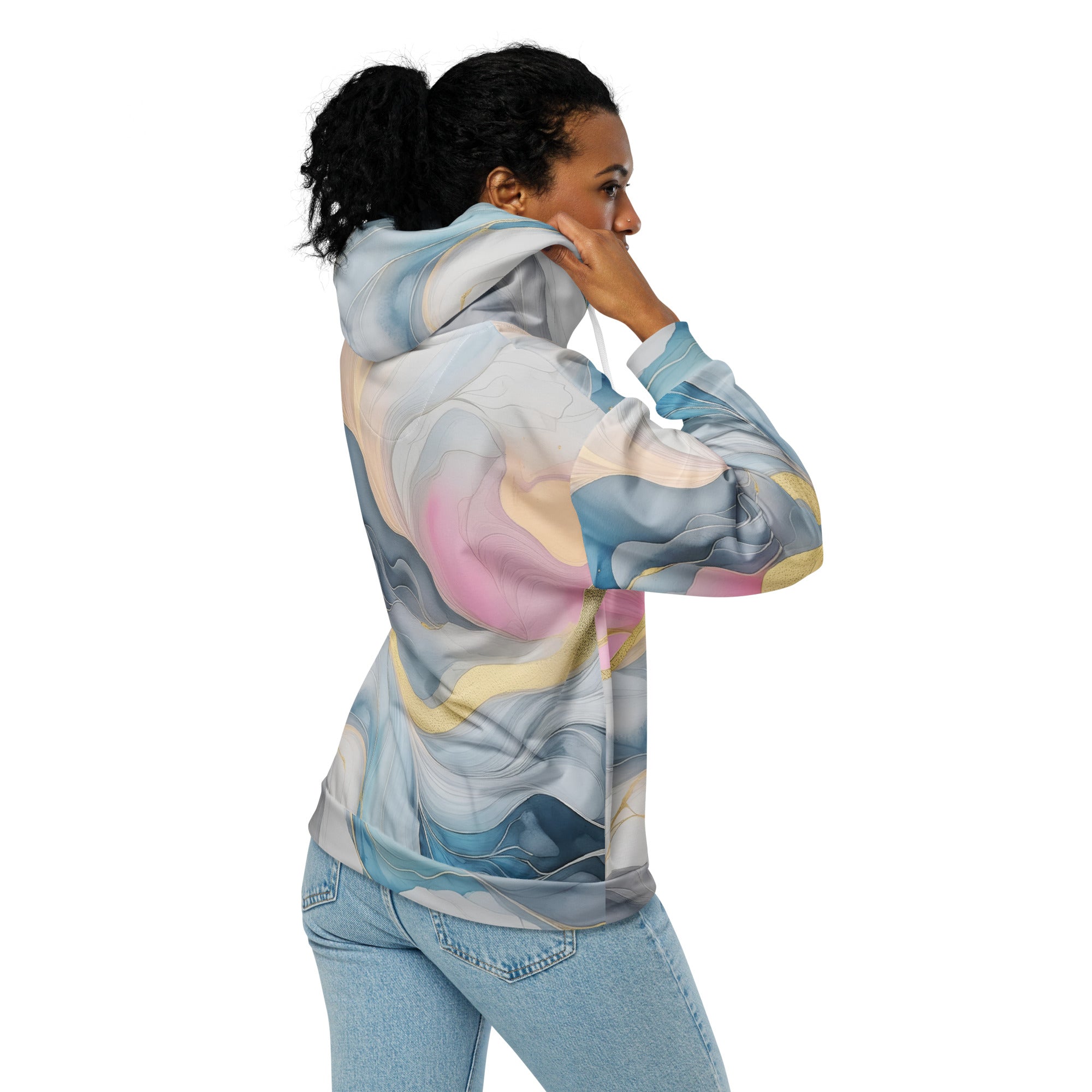 Womens Graphic Zip Hoodie in Marble Cloud design featuring shades of grey, pink, and blue, showcasing a relaxed fit and double-lined hood.