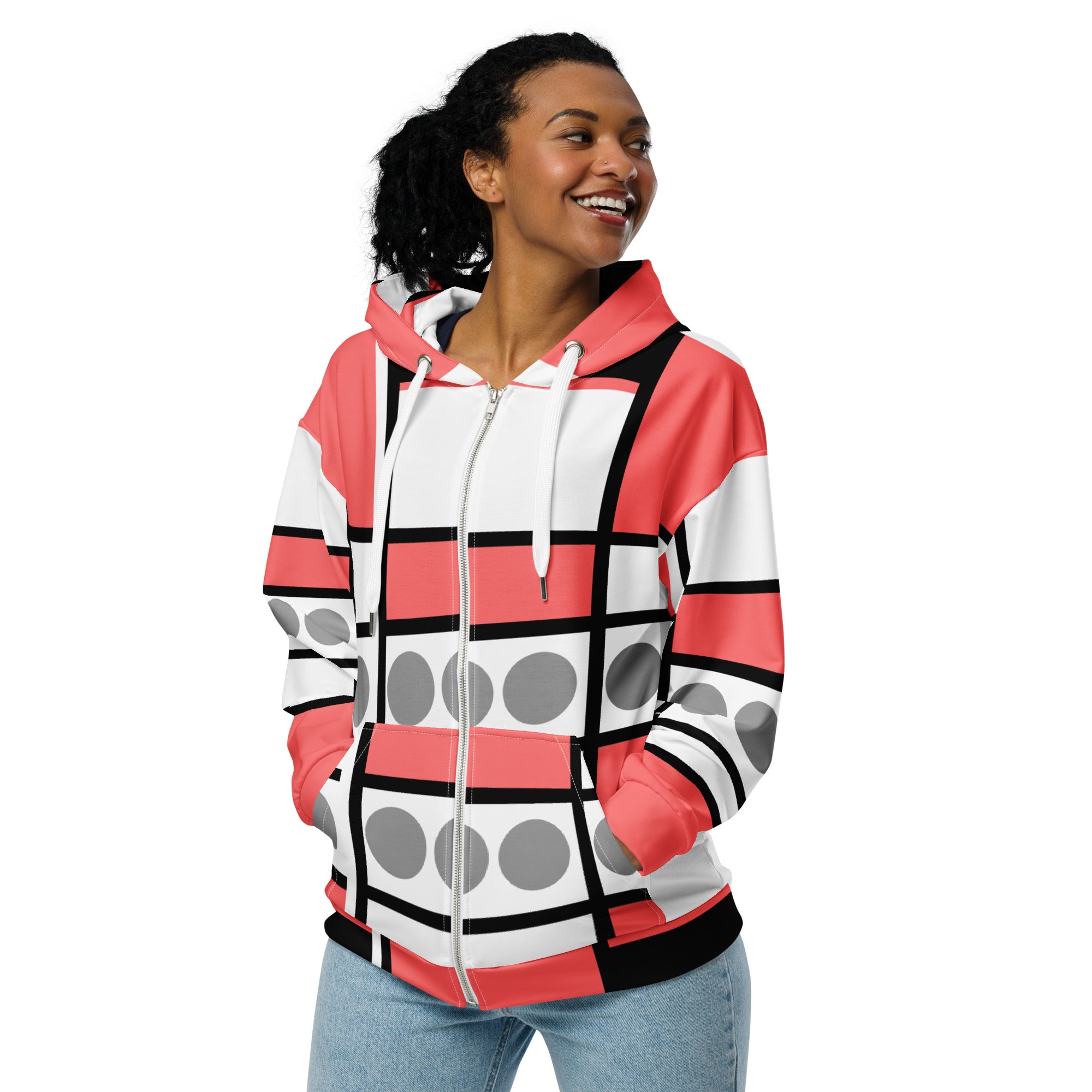 Women's Graphic Zip Hoodie in Pale Red with mauve grey pattern, featuring a double-lined hood and premium zipper details.