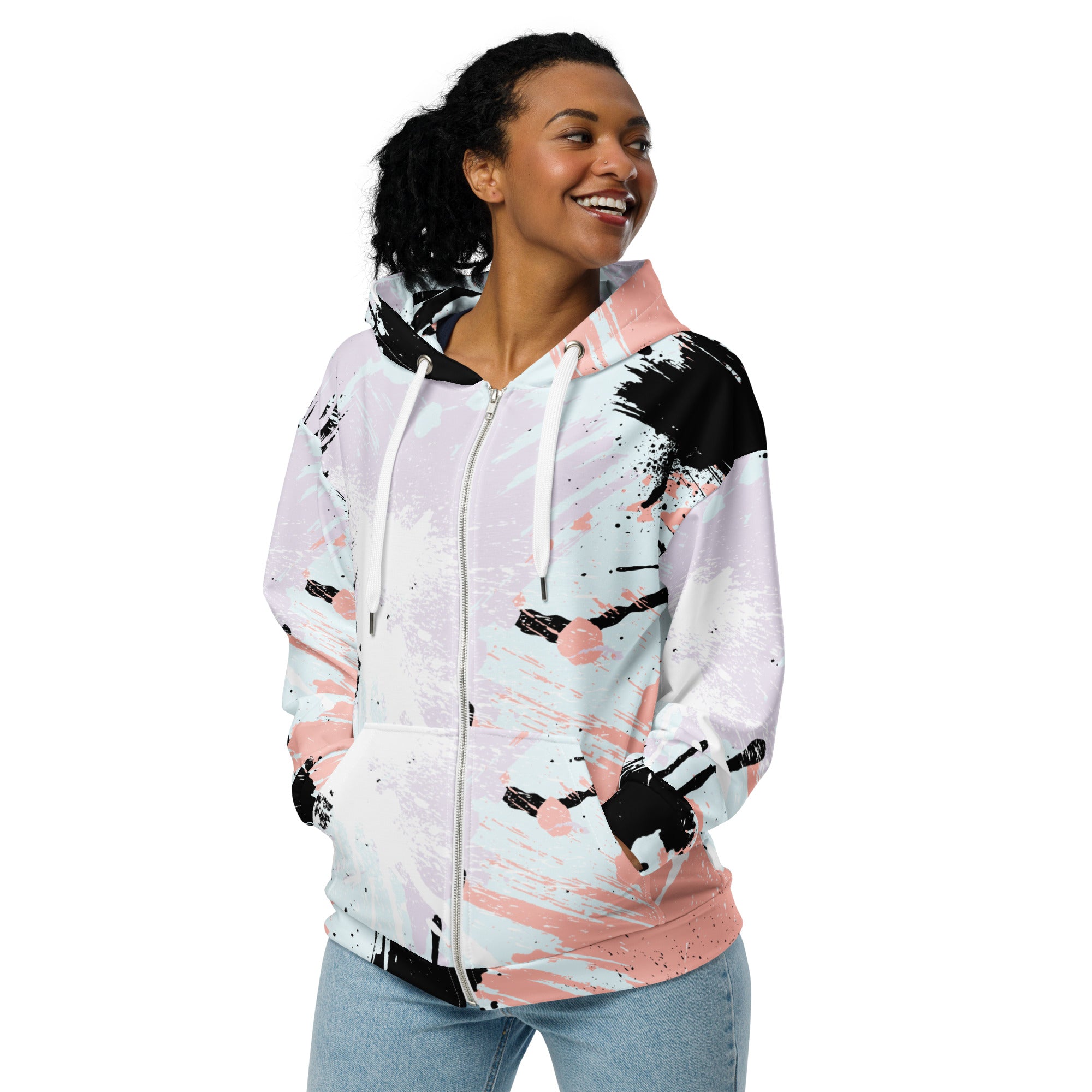 Womens Graphic Zip Hoodie in Pink and Black Abstract Print, featuring a relaxed fit and double-lined hood.