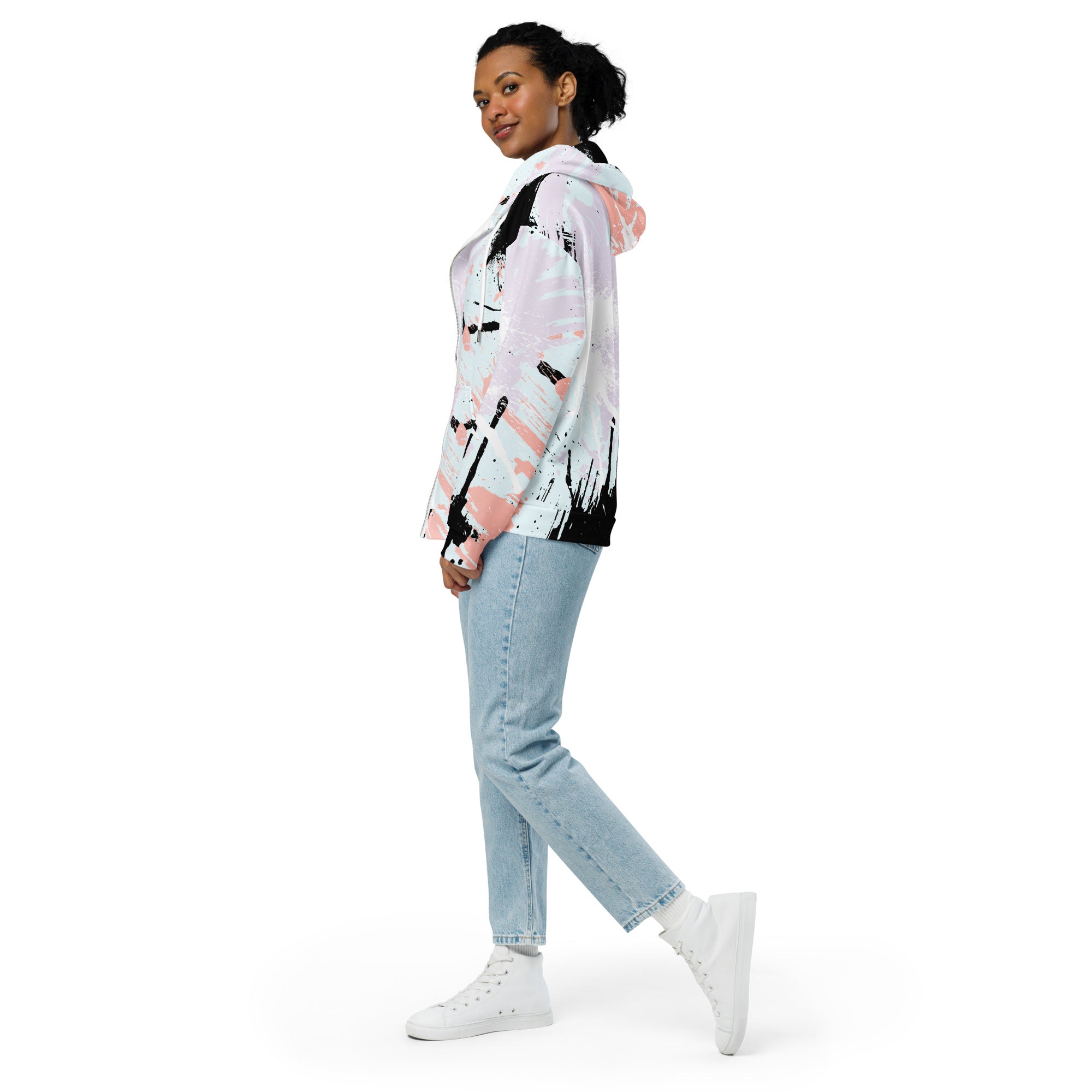 Womens Graphic Zip Hoodie in Pink and Black Abstract Print, featuring a relaxed fit and double-lined hood.