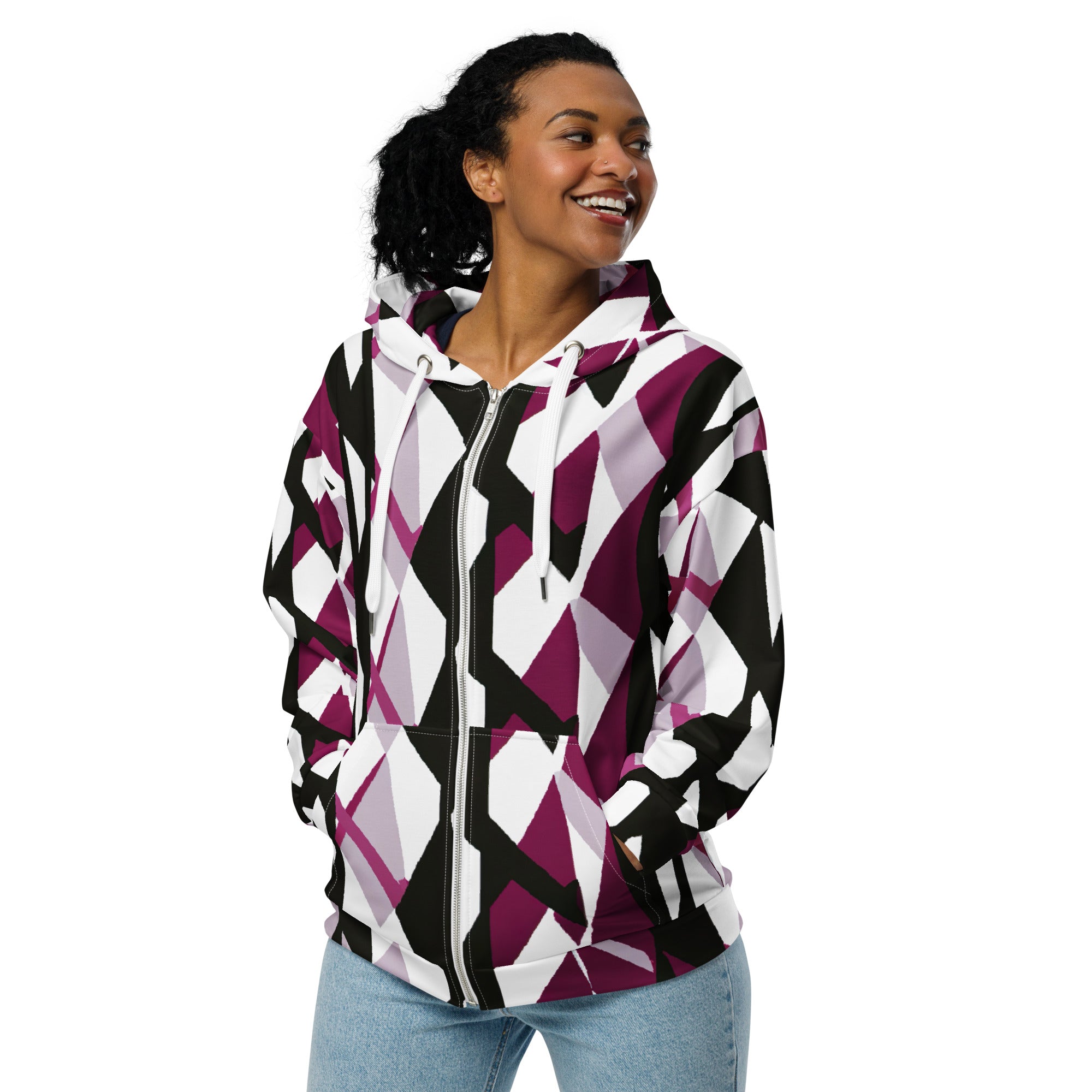 Womens Graphic Zip Hoodie in Pink Mauve Pattern featuring a soft fabric, double-lined hood, and stylish design.