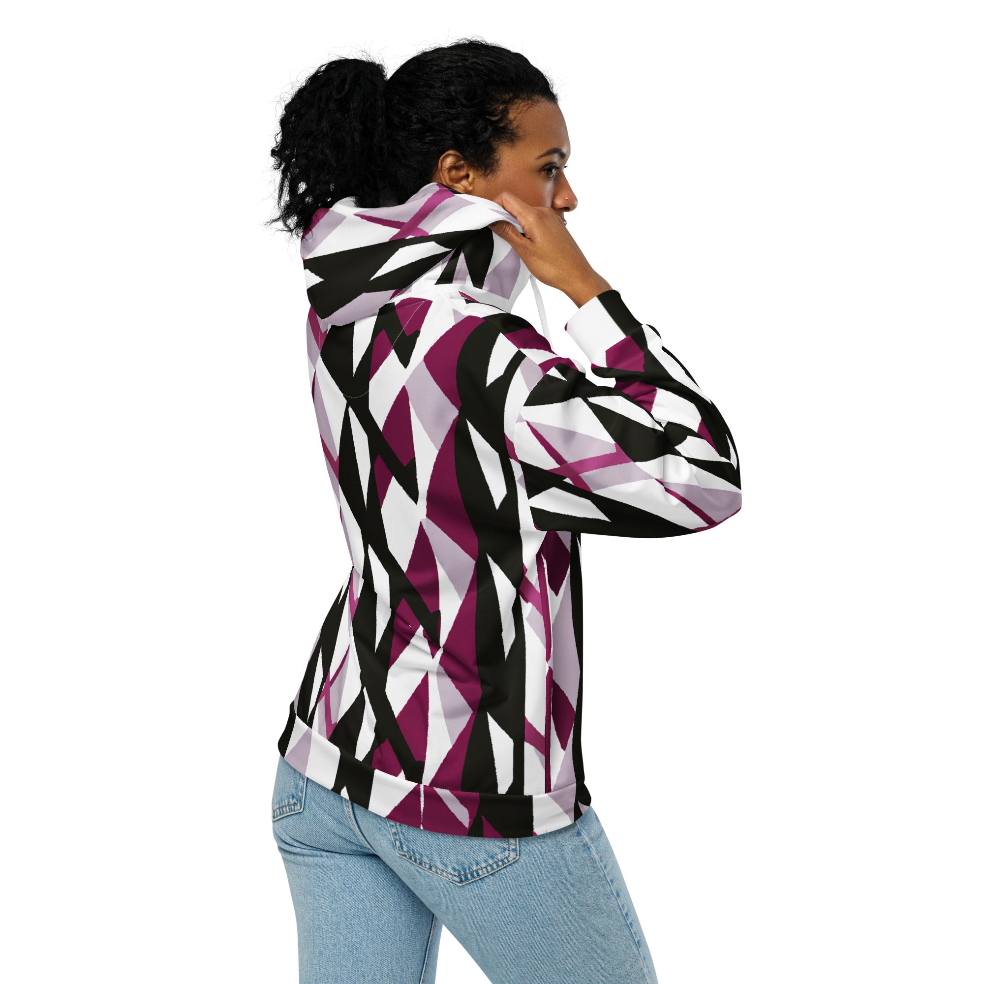 Womens Graphic Zip Hoodie in Pink Mauve Pattern featuring a soft fabric, double-lined hood, and stylish design.