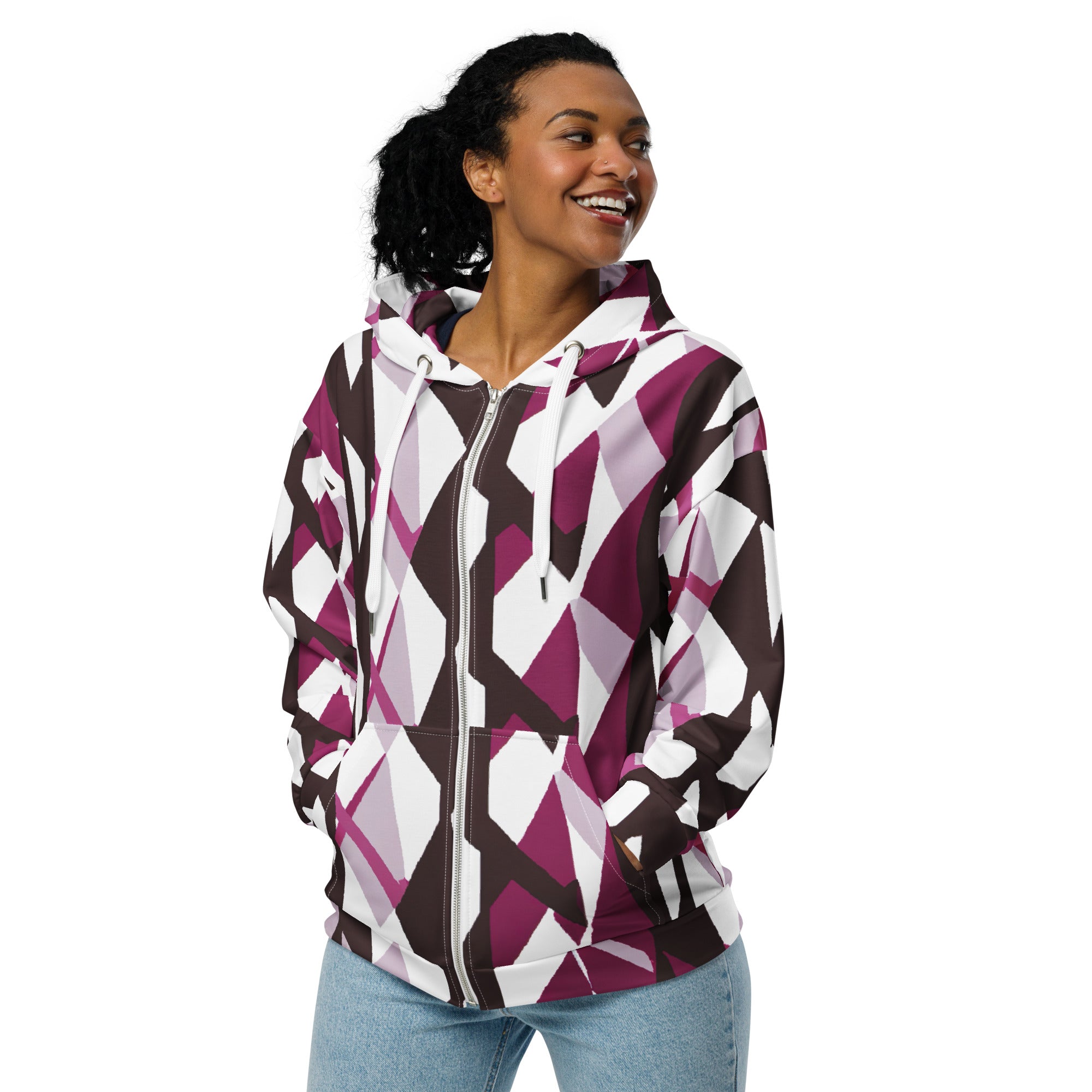 Womens Graphic Zip Hoodie in Pink Mauve Pattern featuring a relaxed fit, double-lined hood, and premium metal zipper details.