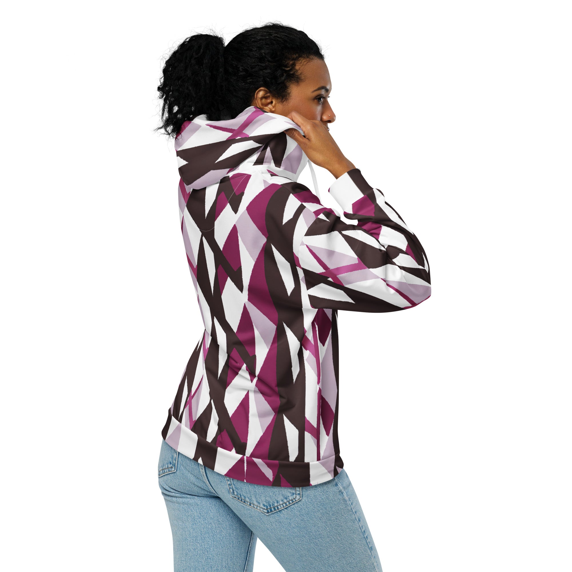 Womens Graphic Zip Hoodie in Pink Mauve Pattern featuring a relaxed fit, double-lined hood, and premium metal zipper details.